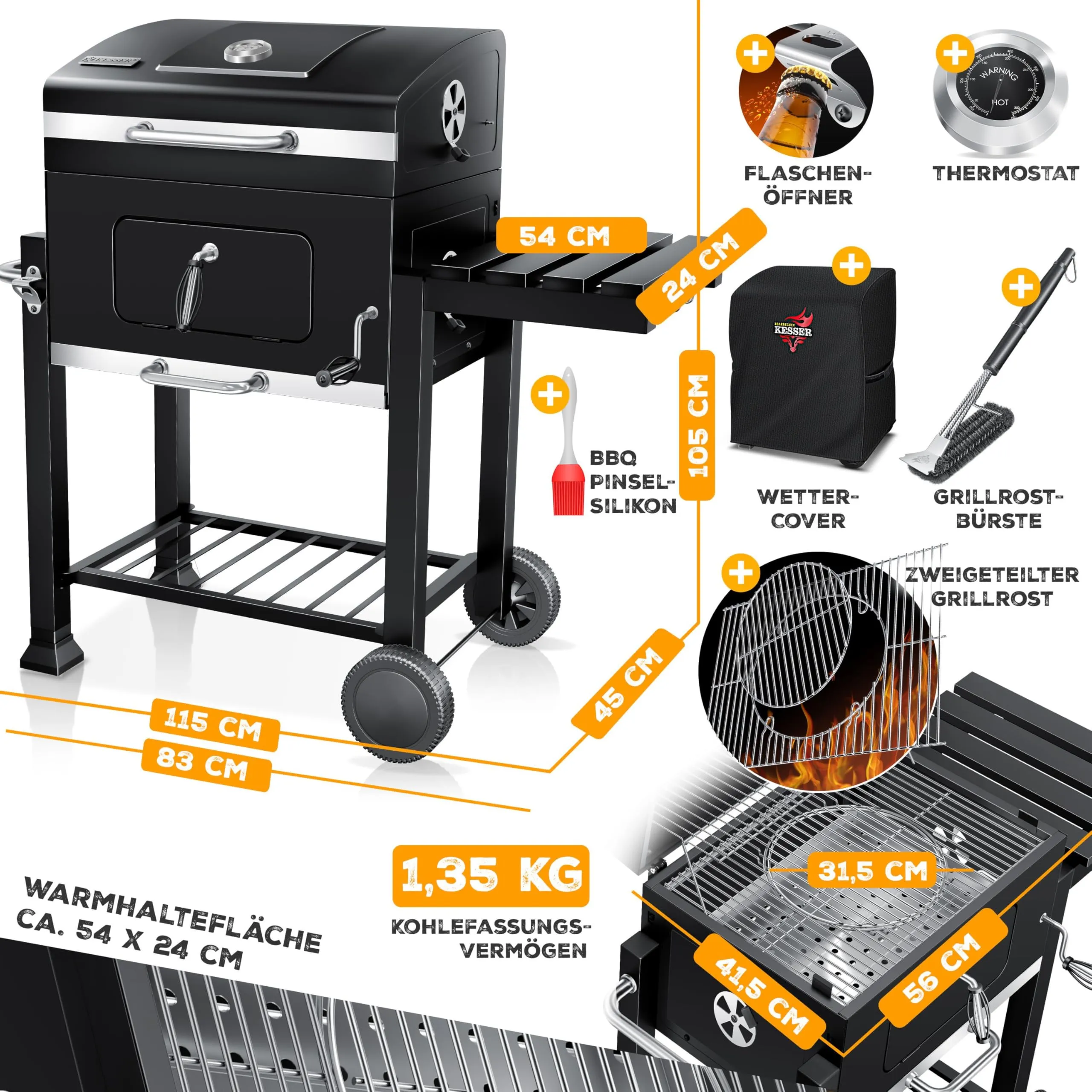 KESSER Barbecue con Carrello XL a Carbonella con Coperchio, Ruote e Termometro - immagine 7