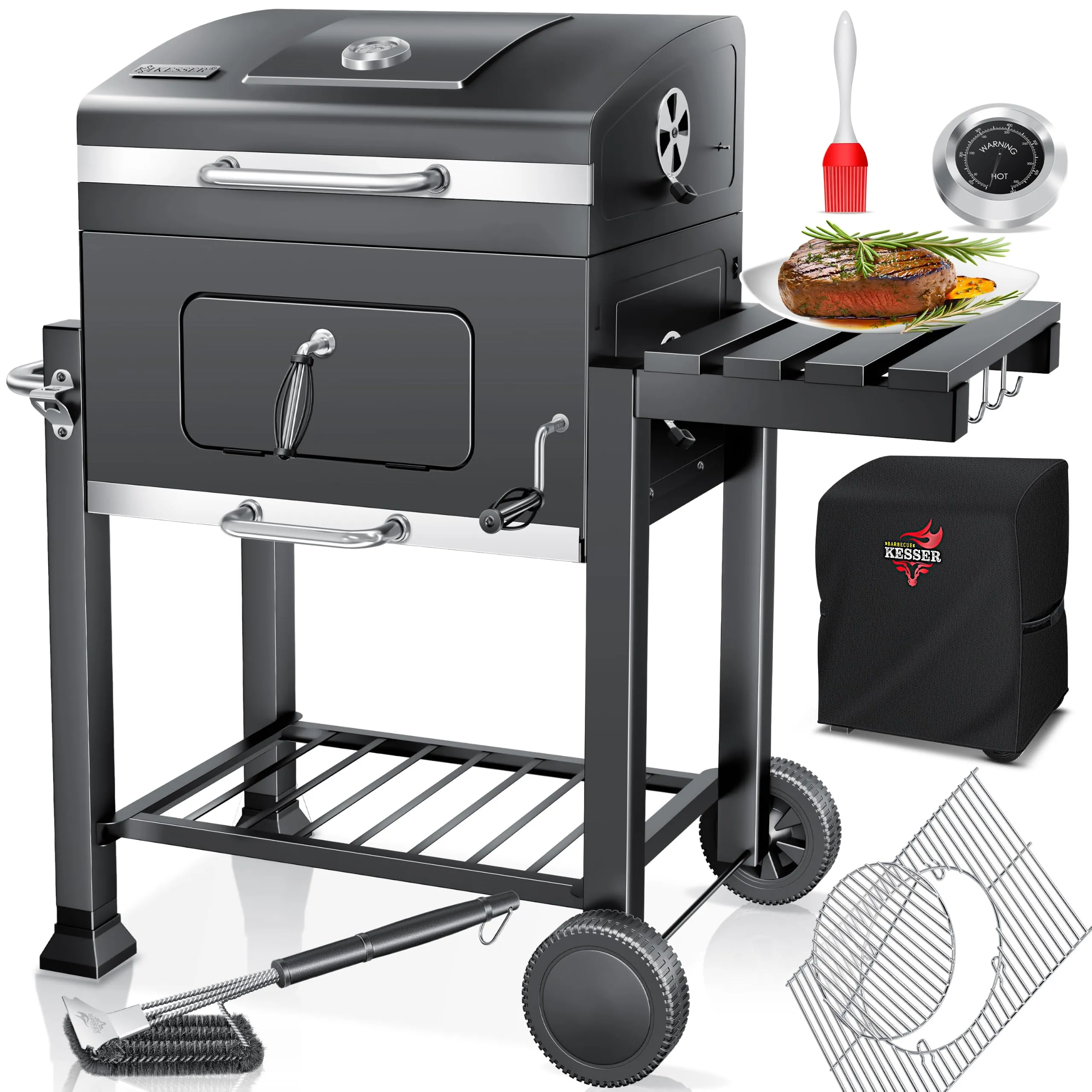 KESSER Barbecue a Carbonella XL con Carrello, Coperchio, Termometro e Manico in Acciaio Inox - immagine 1