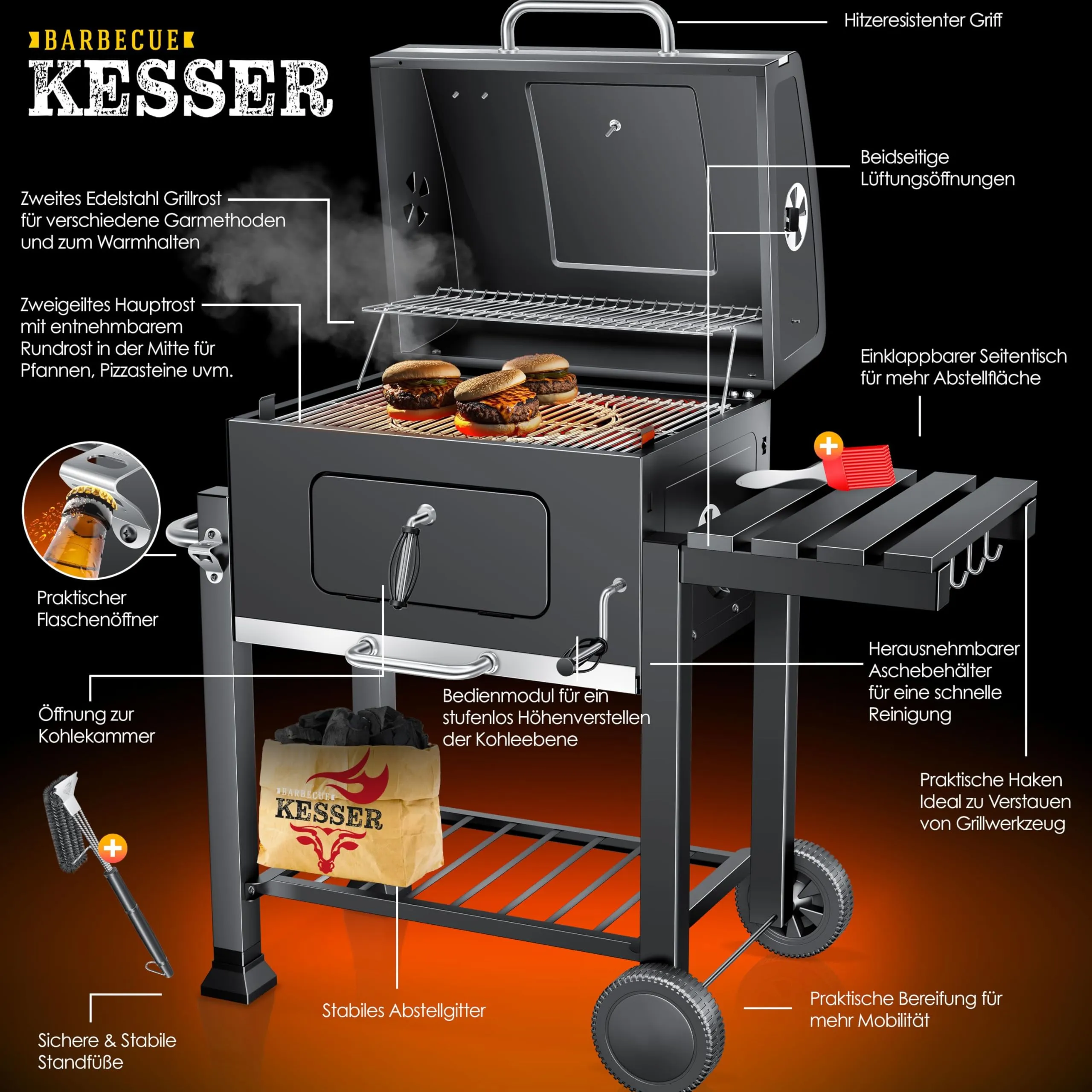 KESSER Barbecue a Carbonella XL con Carrello, Coperchio, Termometro e Manico in Acciaio Inox - immagine 3