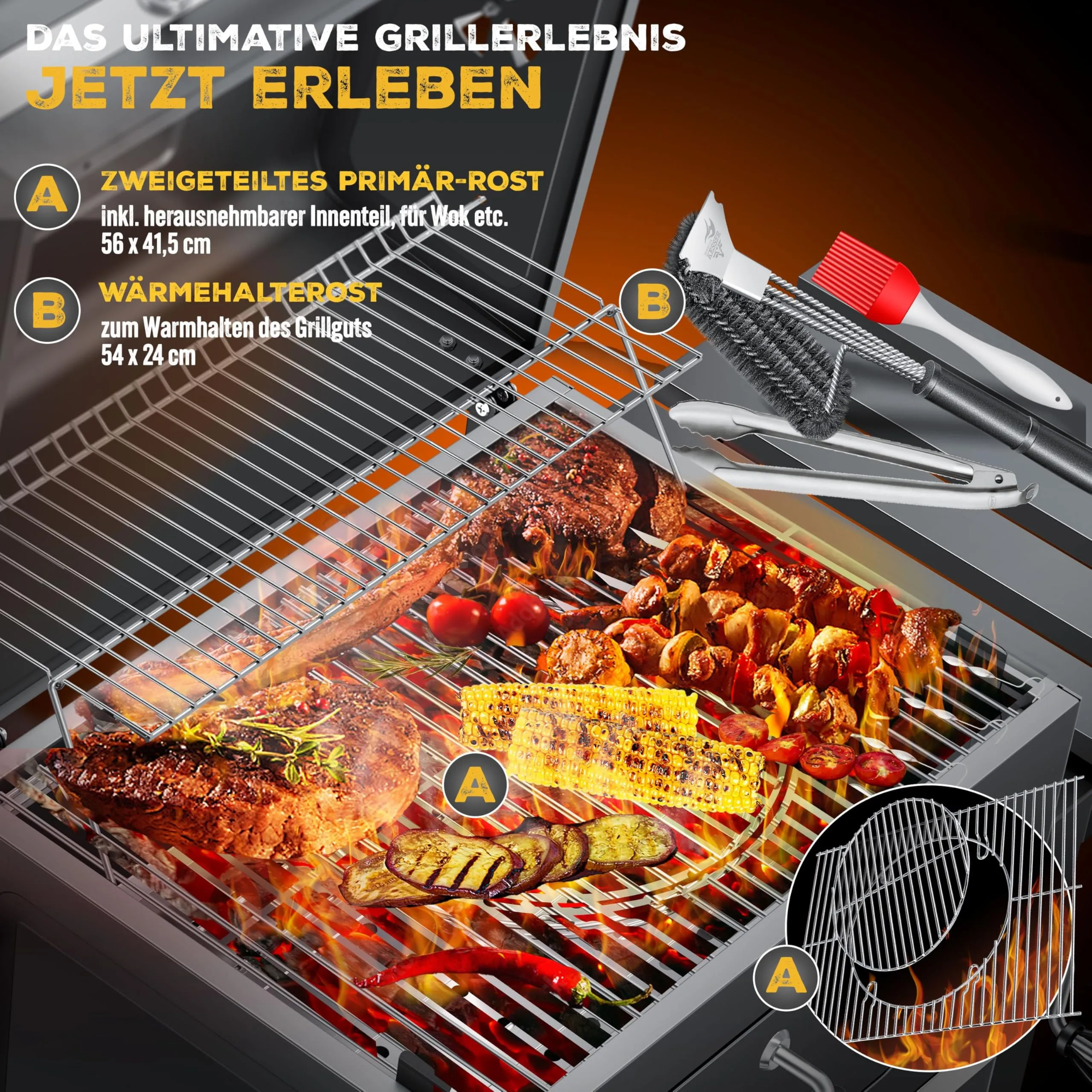 KESSER Barbecue a Carbonella XL con Carrello, Coperchio, Termometro e Manico in Acciaio Inox - immagine 4
