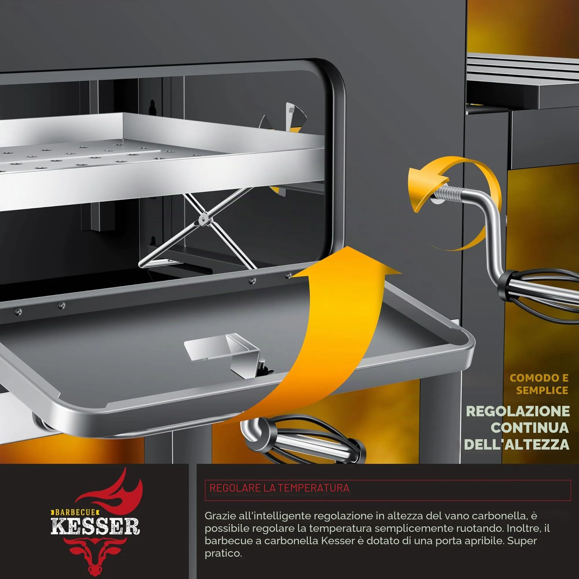 KESSER Barbecue a Carbonella XL con Carrello, Coperchio, Termometro e Manico in Acciaio Inox - immagine 5
