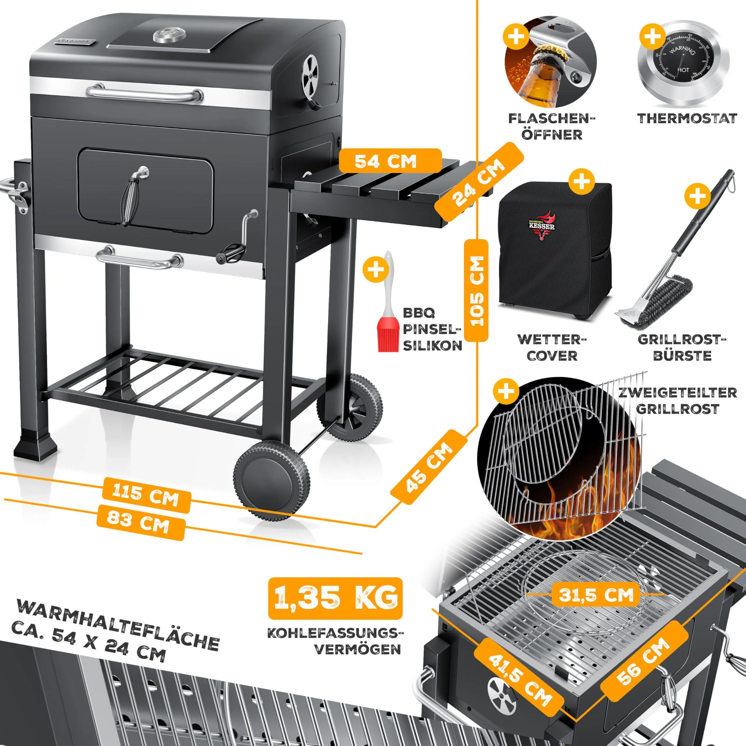 KESSER Barbecue a Carbonella XL con Carrello, Coperchio, Termometro e Manico in Acciaio Inox - immagine 7