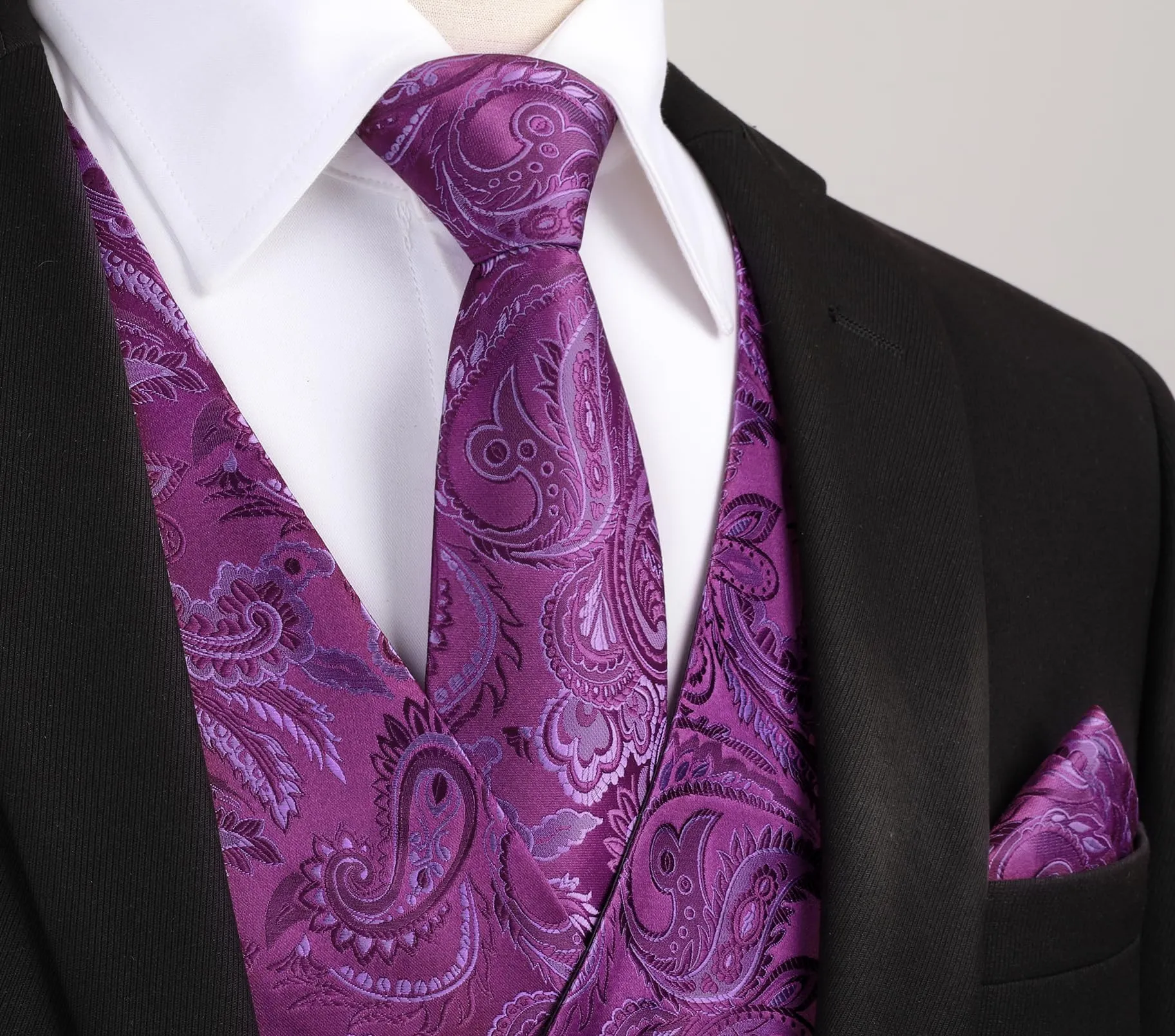 HISDERN Gilet da Uomo Viola Paisley Floreale Jacquard con Cravatta e Fazzoletto, XL - immagine 3