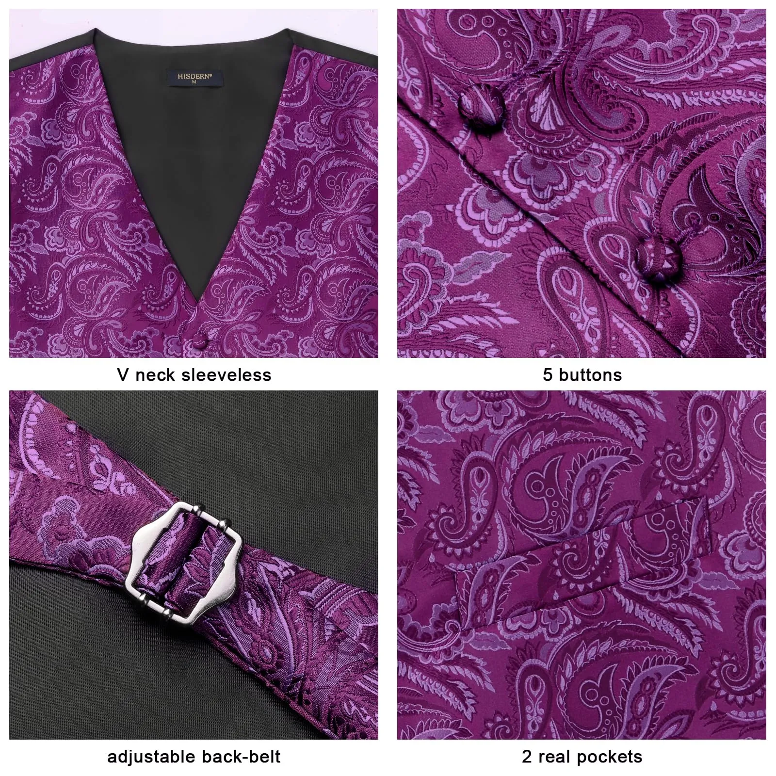 HISDERN Gilet da Uomo Viola Paisley Floreale Jacquard con Cravatta e Fazzoletto, XL - immagine 4