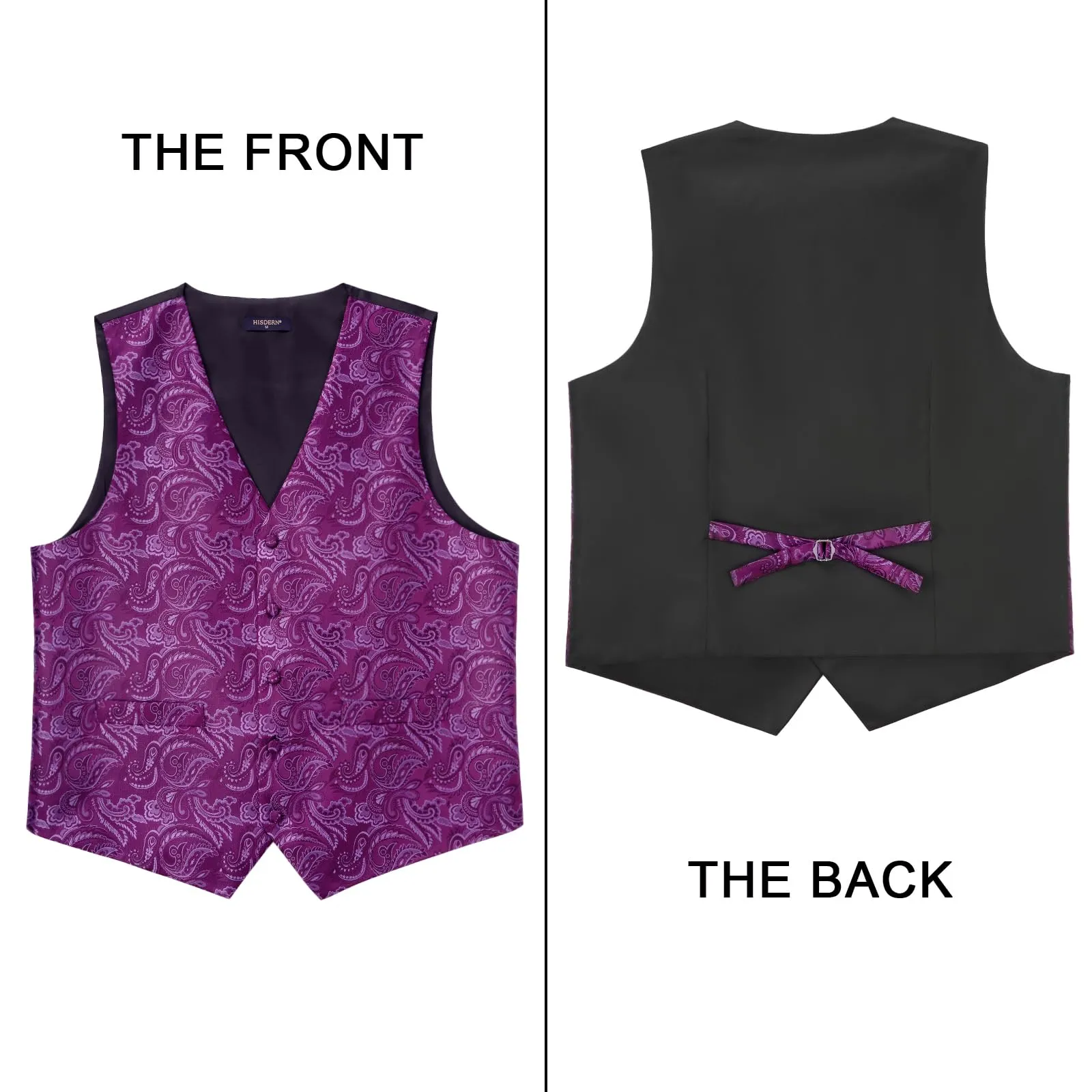 HISDERN Gilet da Uomo Viola Paisley Floreale Jacquard con Cravatta e Fazzoletto, XL - immagine 5