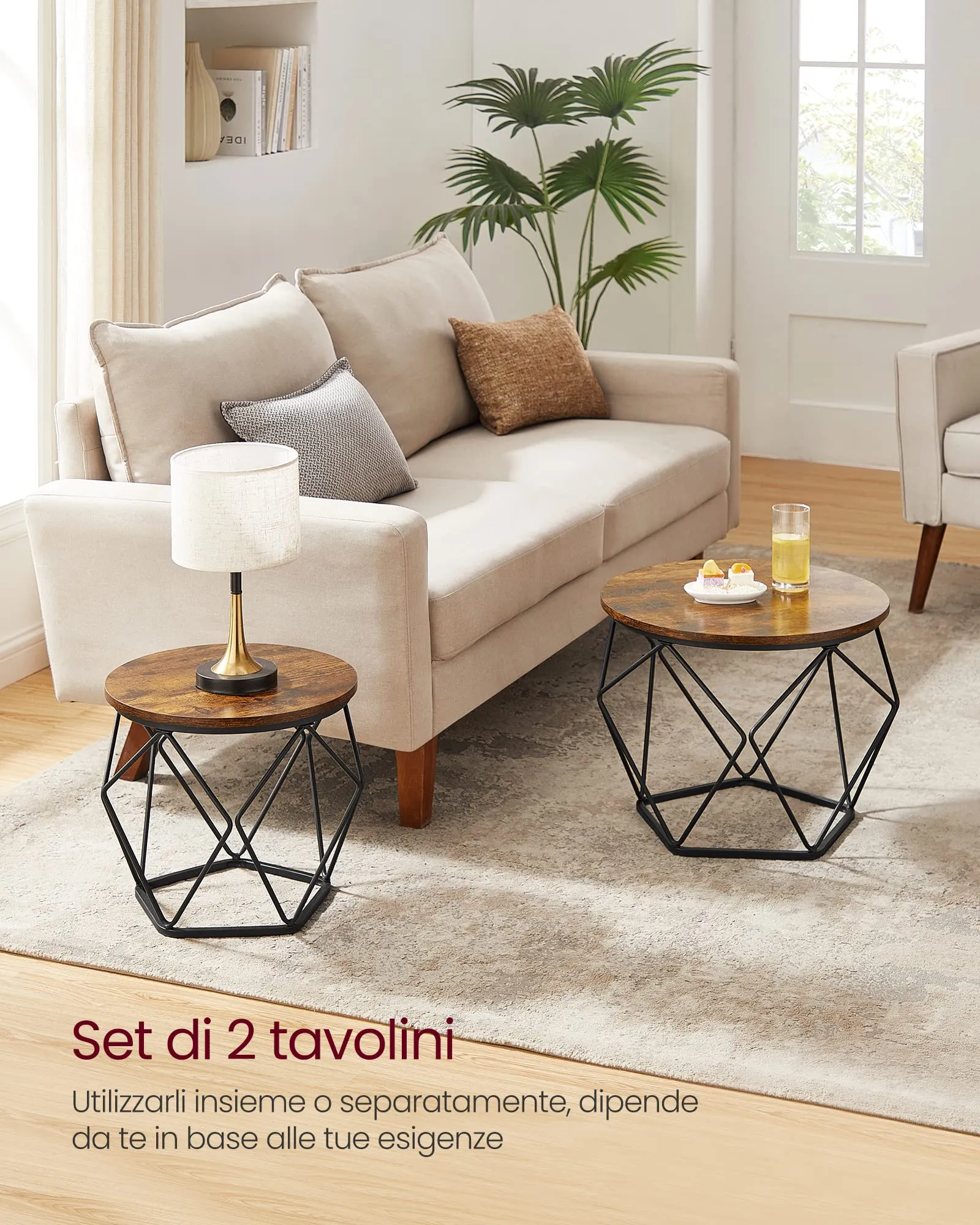 VASAGLE Set di 2 Tavolini da Caffè Rotondi a Incastro, Stile Industriale, Marrone Vintage e Nero LET040B01 - immagine 3
