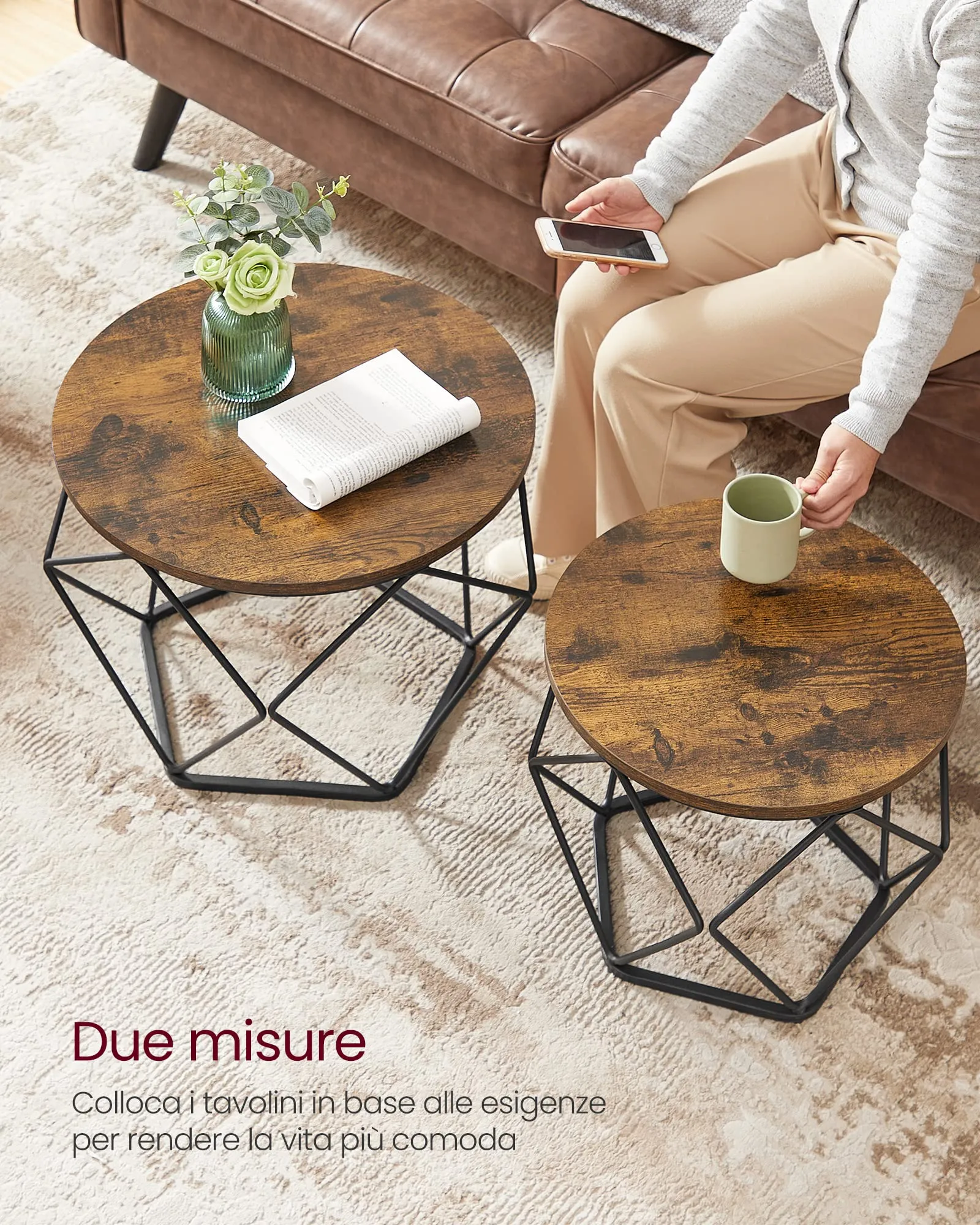 VASAGLE Set di 2 Tavolini da Caffè Rotondi a Incastro, Stile Industriale, Marrone Vintage e Nero LET040B01 - immagine 8