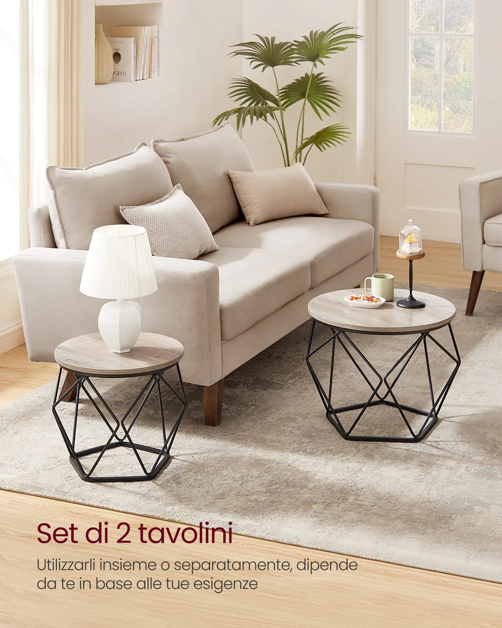VASAGLE Set di 2 Tavolini da Caffè Rotondi a Incastro, Stile Industriale, Greige e Nero LET040B02 - immagine 3