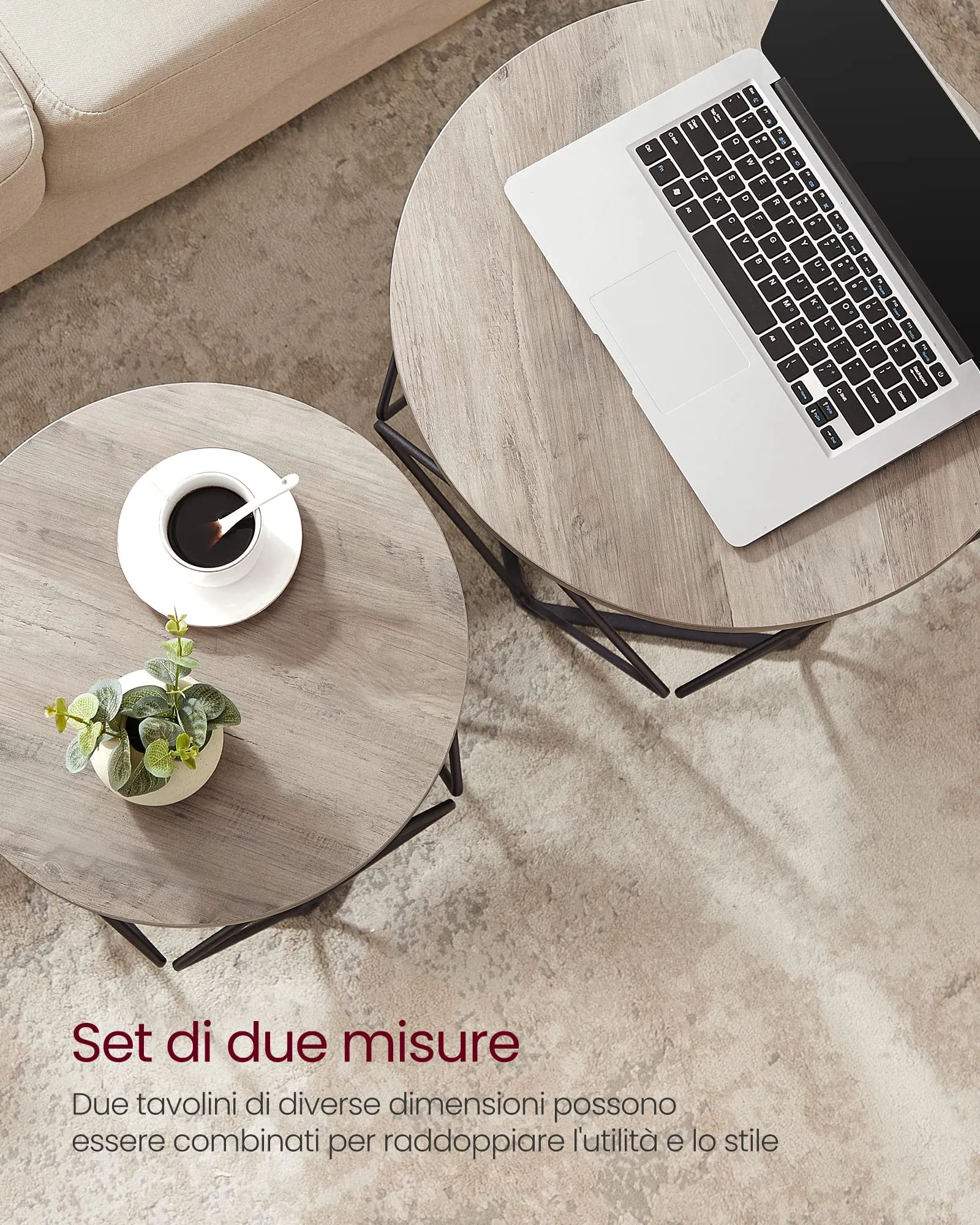 VASAGLE Set di 2 Tavolini da Caffè Rotondi a Incastro, Stile Industriale, Greige e Nero LET040B02 - immagine 6