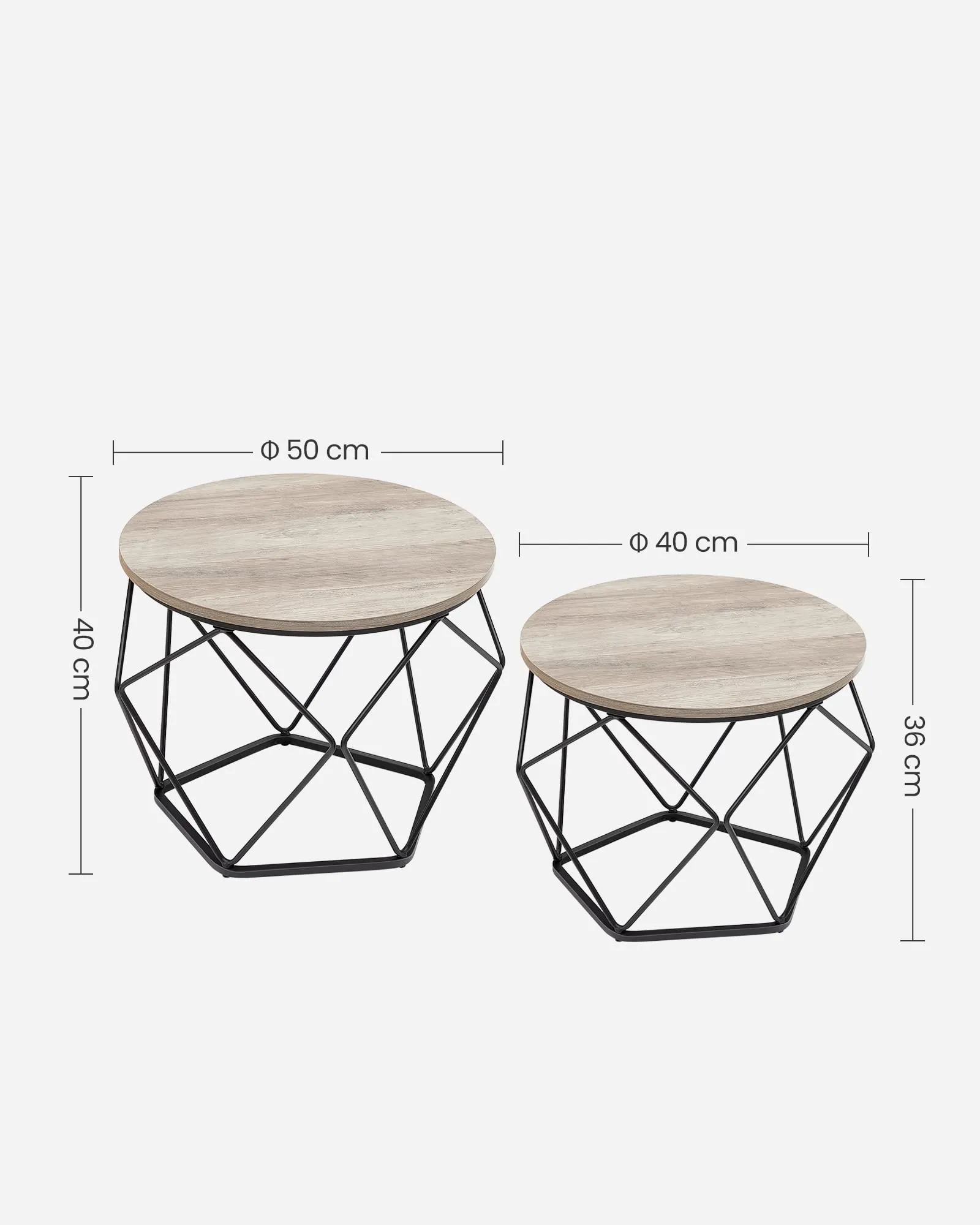 VASAGLE Set di 2 Tavolini da Caffè Rotondi a Incastro, Stile Industriale, Greige e Nero LET040B02 - immagine 7