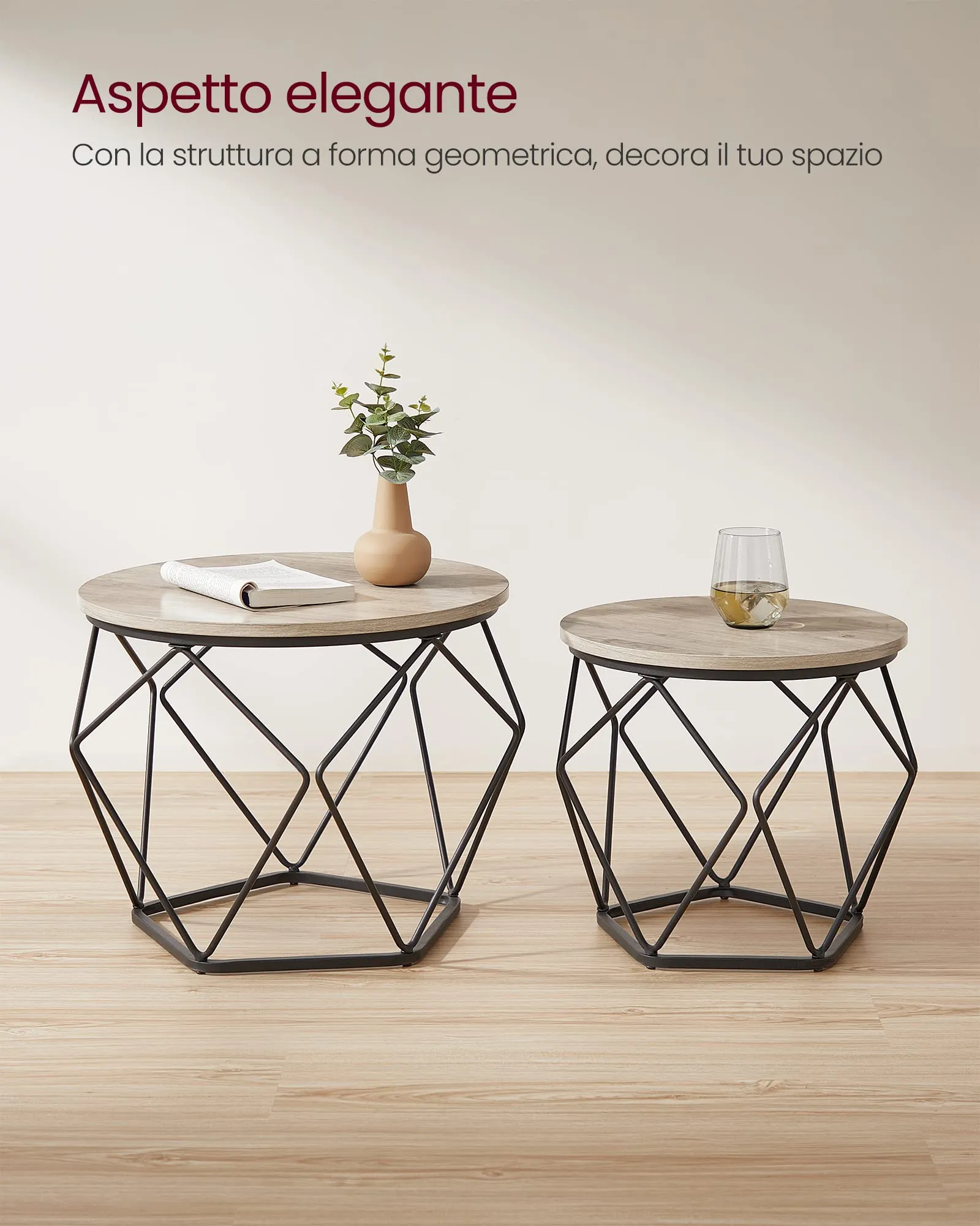 VASAGLE Set di 2 Tavolini da Caffè Rotondi a Incastro, Stile Industriale, Greige e Nero LET040B02 - immagine 9