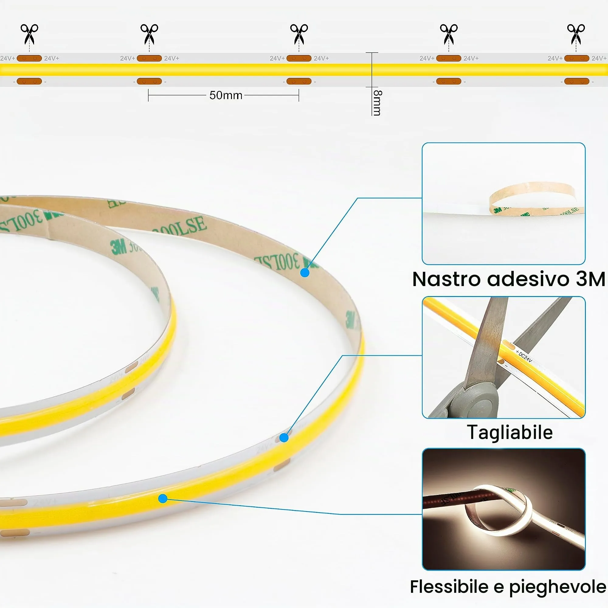 AXMOTUT Striscia LED COB 3m 24V, Bianco Naturale 4000K, 320LEDs/m, 8mm, CRI90+, con Alimentatore e Telecomando RF - immagine 3