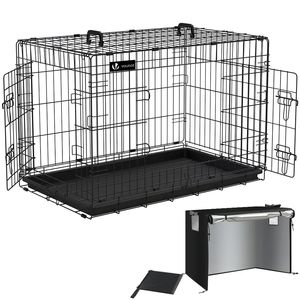 VOUNOT Gabbia per Cani Pieghevole in Metallo con Copertura e Vassoio Rimovibile, 2 Porte, 92x58x64cm, Nero - immagine 1