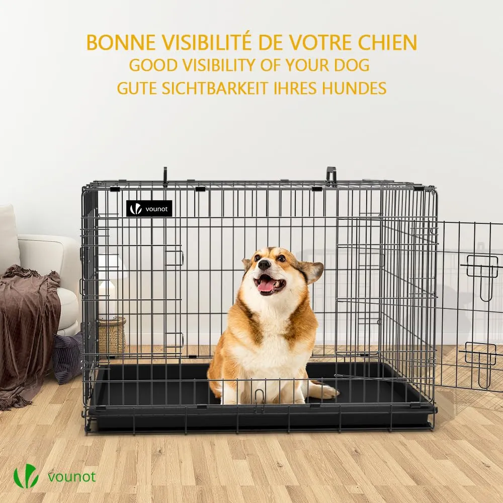VOUNOT Gabbia per Cani Pieghevole in Metallo con Copertura e Vassoio Rimovibile, 2 Porte, 92x58x64cm, Nero - immagine 2