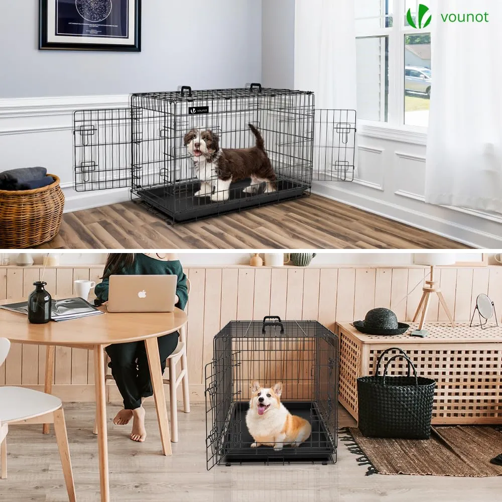 VOUNOT Gabbia per Cani Pieghevole in Metallo con Copertura e Vassoio Rimovibile, 2 Porte, 92x58x64cm, Nero - immagine 3