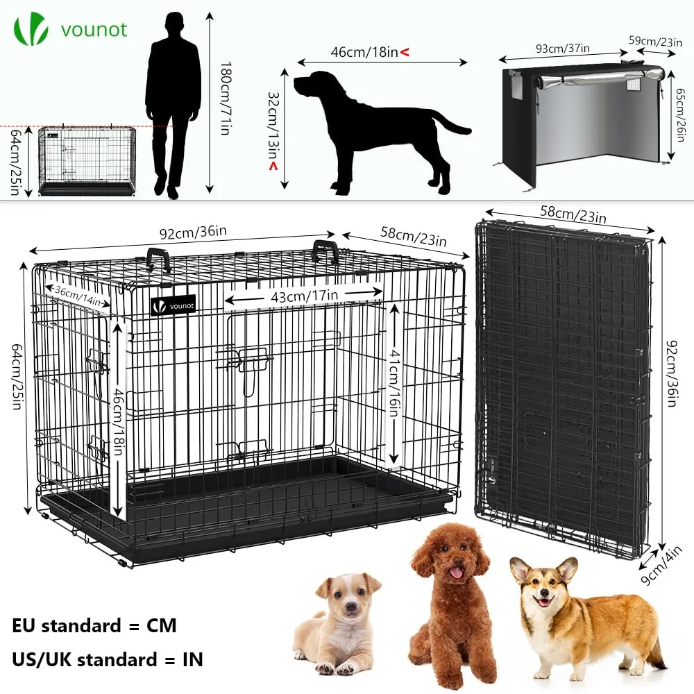 VOUNOT Gabbia per Cani Pieghevole in Metallo con Copertura e Vassoio Rimovibile, 2 Porte, 92x58x64cm, Nero - immagine 4