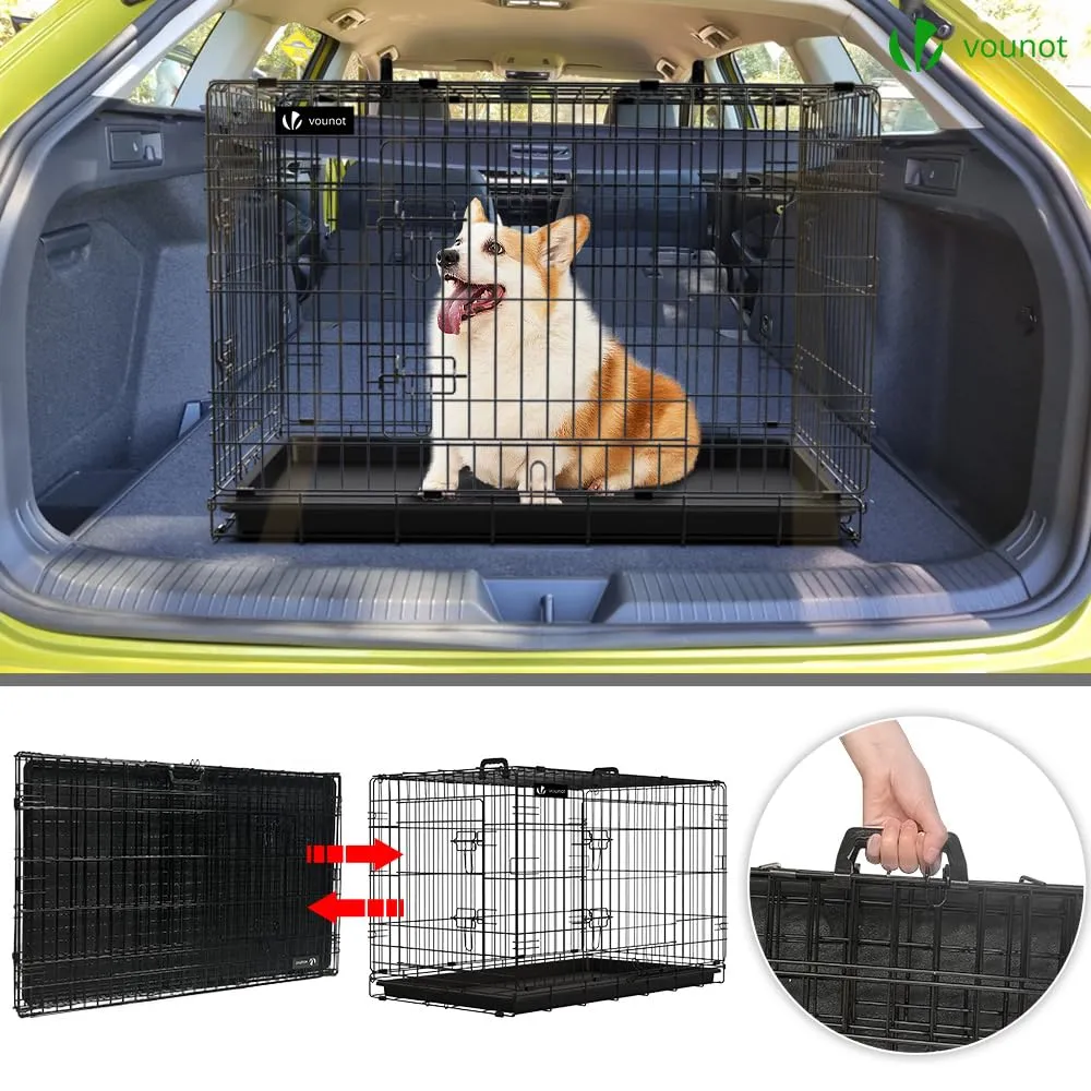 VOUNOT Gabbia per Cani Pieghevole in Metallo con Copertura e Vassoio Rimovibile, 2 Porte, 92x58x64cm, Nero - immagine 7