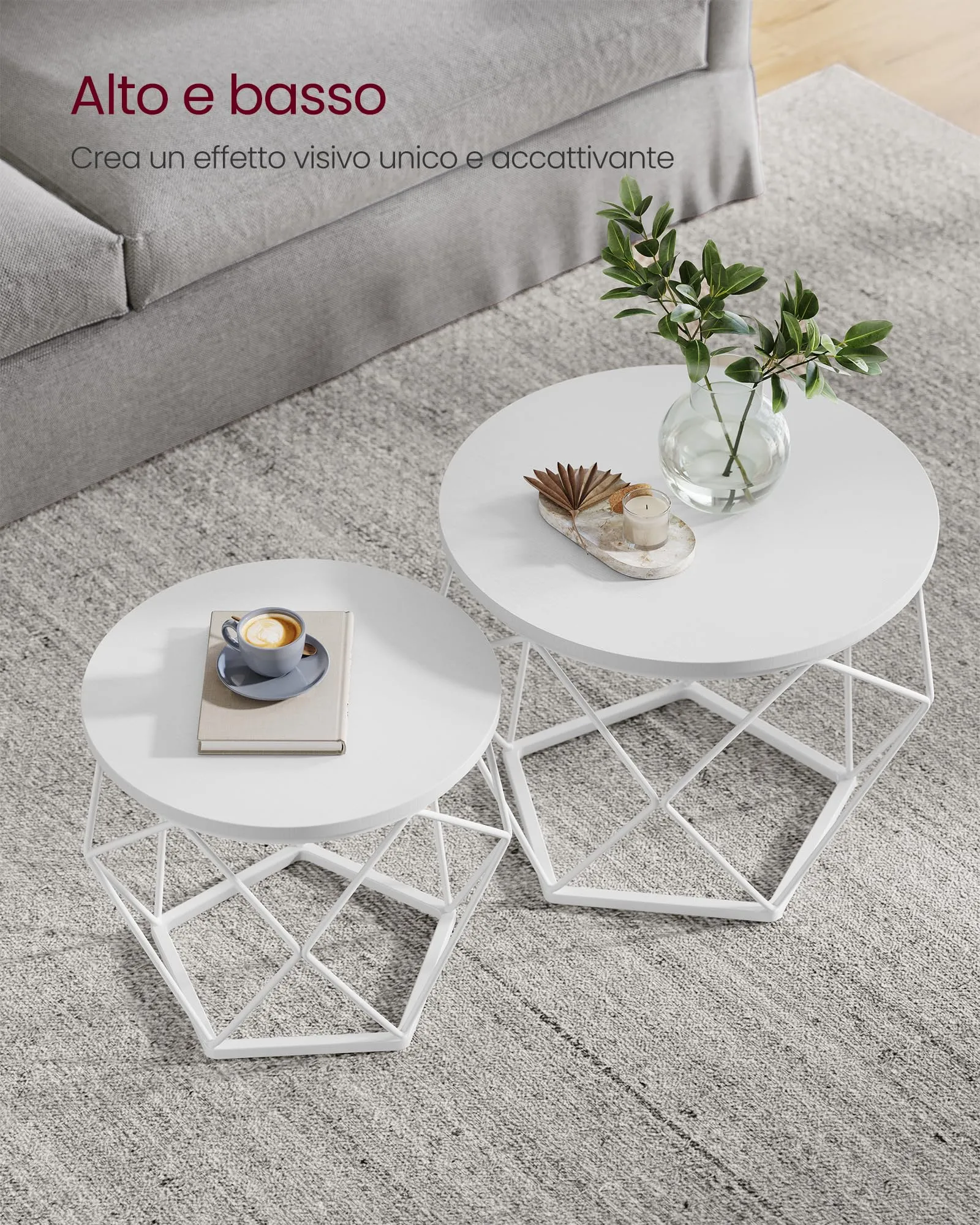 VASAGLE Set di 2 Tavolini da Caffè Rotondi ad Incastro, Bianco Neve e Bianco Nuvola LET040W46 - immagine 4