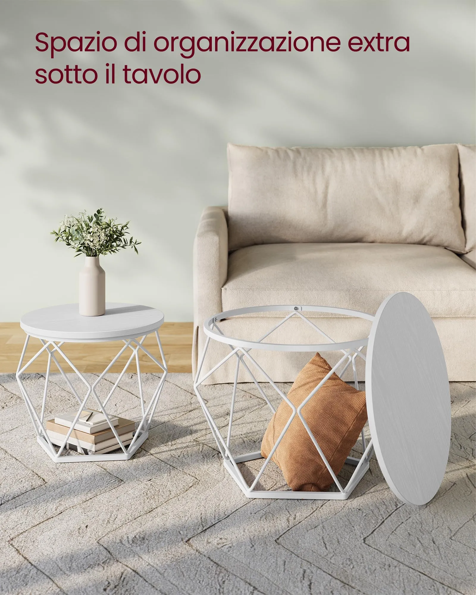 VASAGLE Set di 2 Tavolini da Caffè Rotondi ad Incastro, Bianco Neve e Bianco Nuvola LET040W46 - immagine 5