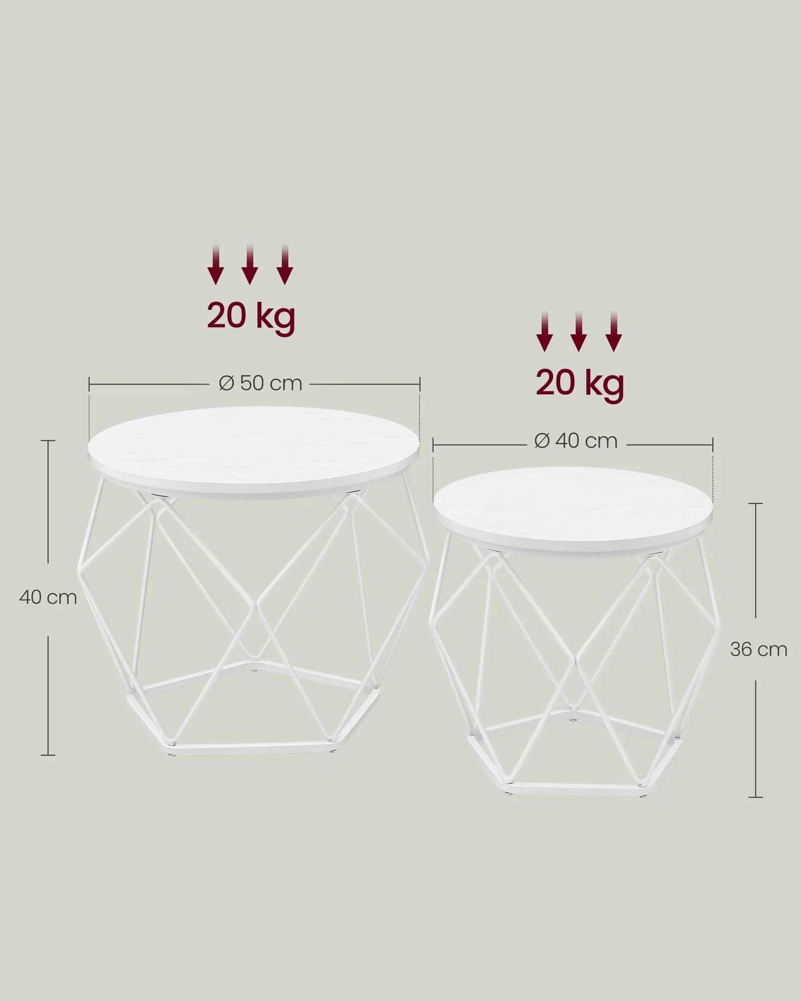 VASAGLE Set di 2 Tavolini da Caffè Rotondi ad Incastro, Bianco Neve e Bianco Nuvola LET040W46 - immagine 6