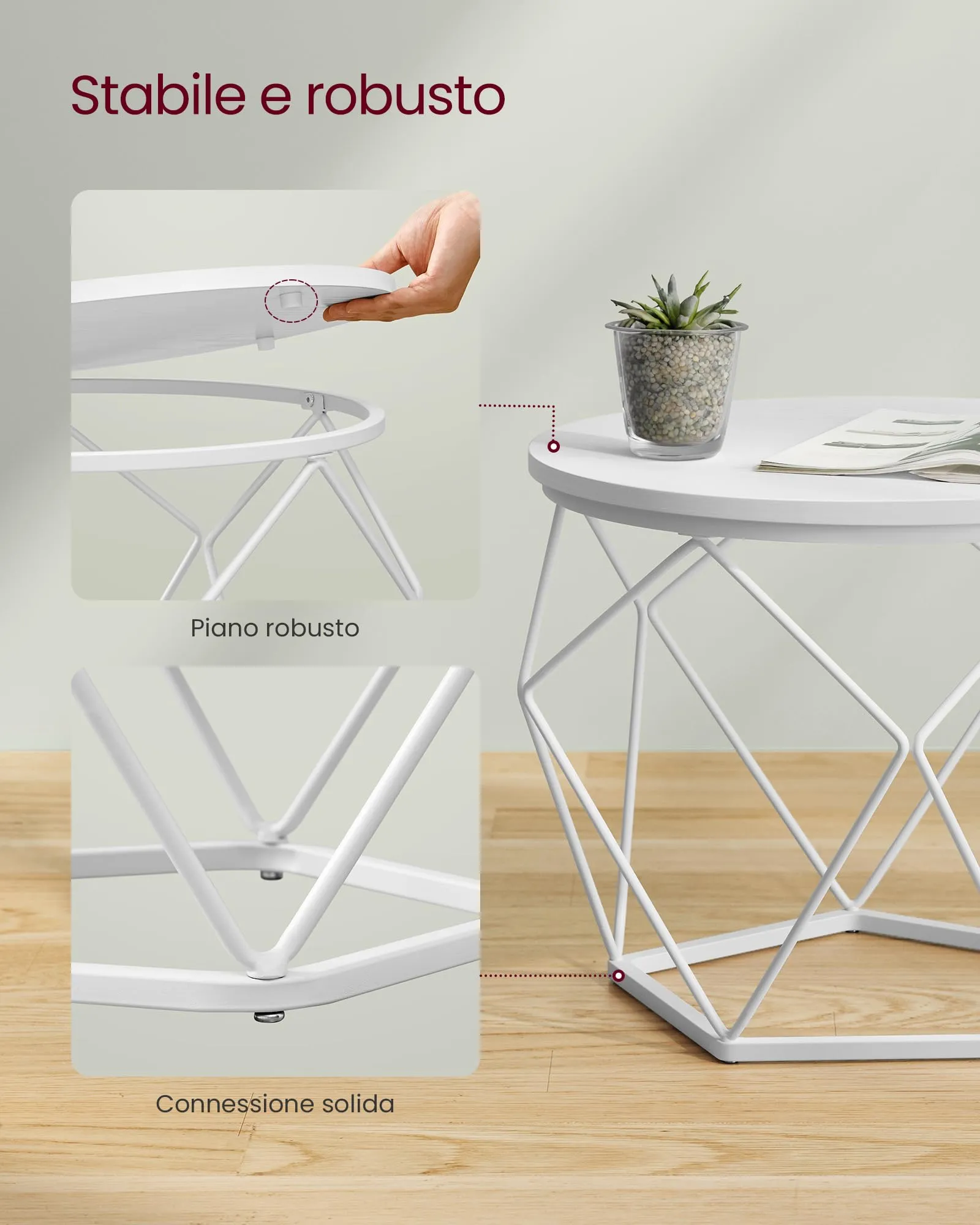 VASAGLE Set di 2 Tavolini da Caffè Rotondi ad Incastro, Bianco Neve e Bianco Nuvola LET040W46 - immagine 7