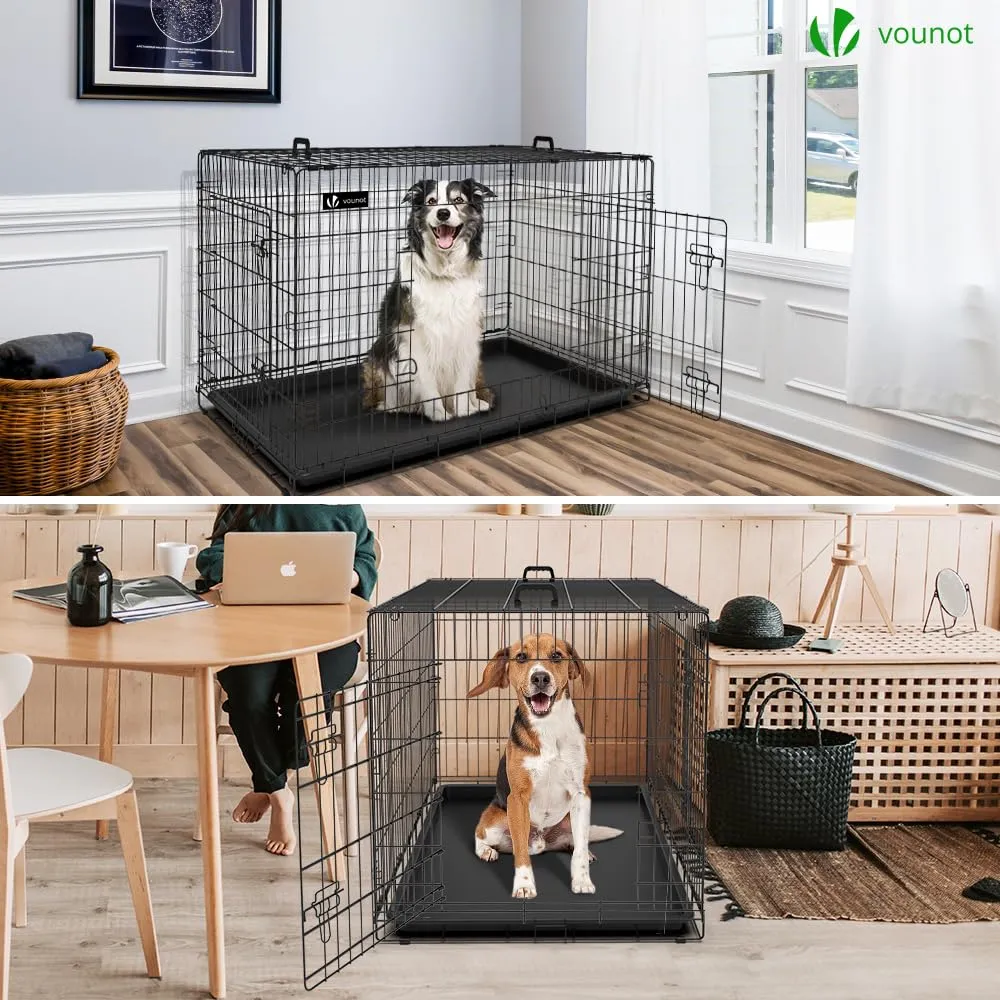 VOUNOT Gabbia per Cani Pieghevole in Metallo con Copertura, 2 Porte e Vassoio Rimovibile, 122x75x81cm, Nero - immagine 3