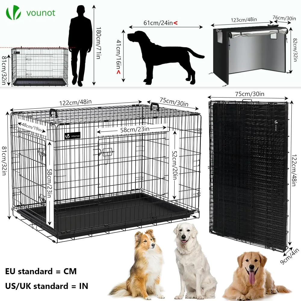 VOUNOT Gabbia per Cani Pieghevole in Metallo con Copertura, 2 Porte e Vassoio Rimovibile, 122x75x81cm, Nero - immagine 4