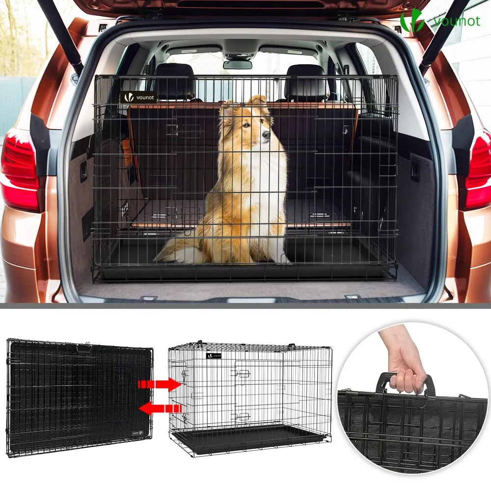 VOUNOT Gabbia per Cani Pieghevole in Metallo con Copertura, 2 Porte e Vassoio Rimovibile, 122x75x81cm, Nero - immagine 7