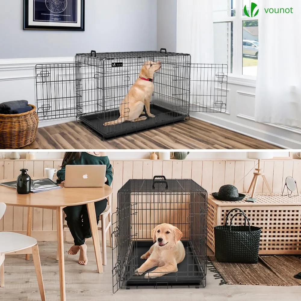 VOUNOT Gabbia per Cani Pieghevole in Metallo con Copertura, 2 Porte e Vassoio Rimovibile, 107x70x78cm, Nero - immagine 3