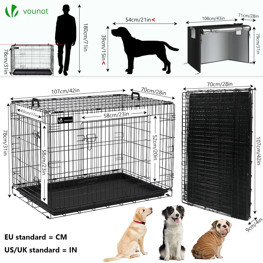 VOUNOT Gabbia per Cani Pieghevole in Metallo con Copertura, 2 Porte e Vassoio Rimovibile, 107x70x78cm, Nero - immagine 4