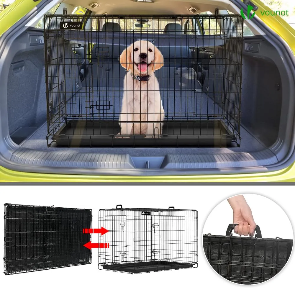 VOUNOT Gabbia per Cani Pieghevole in Metallo con Copertura, 2 Porte e Vassoio Rimovibile, 107x70x78cm, Nero - immagine 7