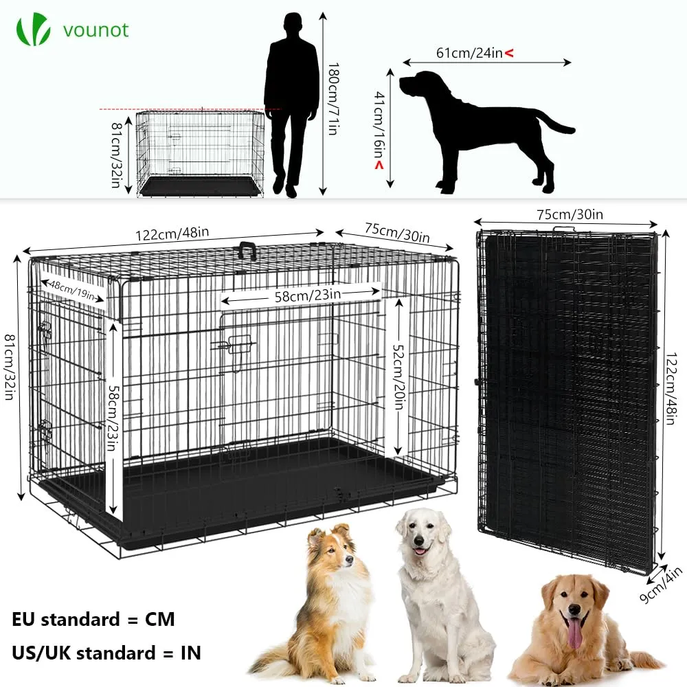 VOUNOT Gabbia per Cani Pieghevole in Metallo con 2 Porte e Vassoio Rimovibile, 122x75x81cm, Nero - immagine 4
