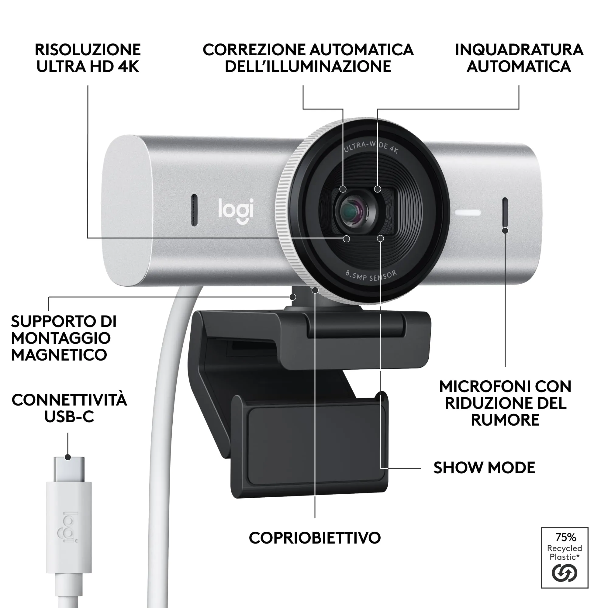 Logitech MX Brio 4K Webcam - Grigio chiaro - immagine 7