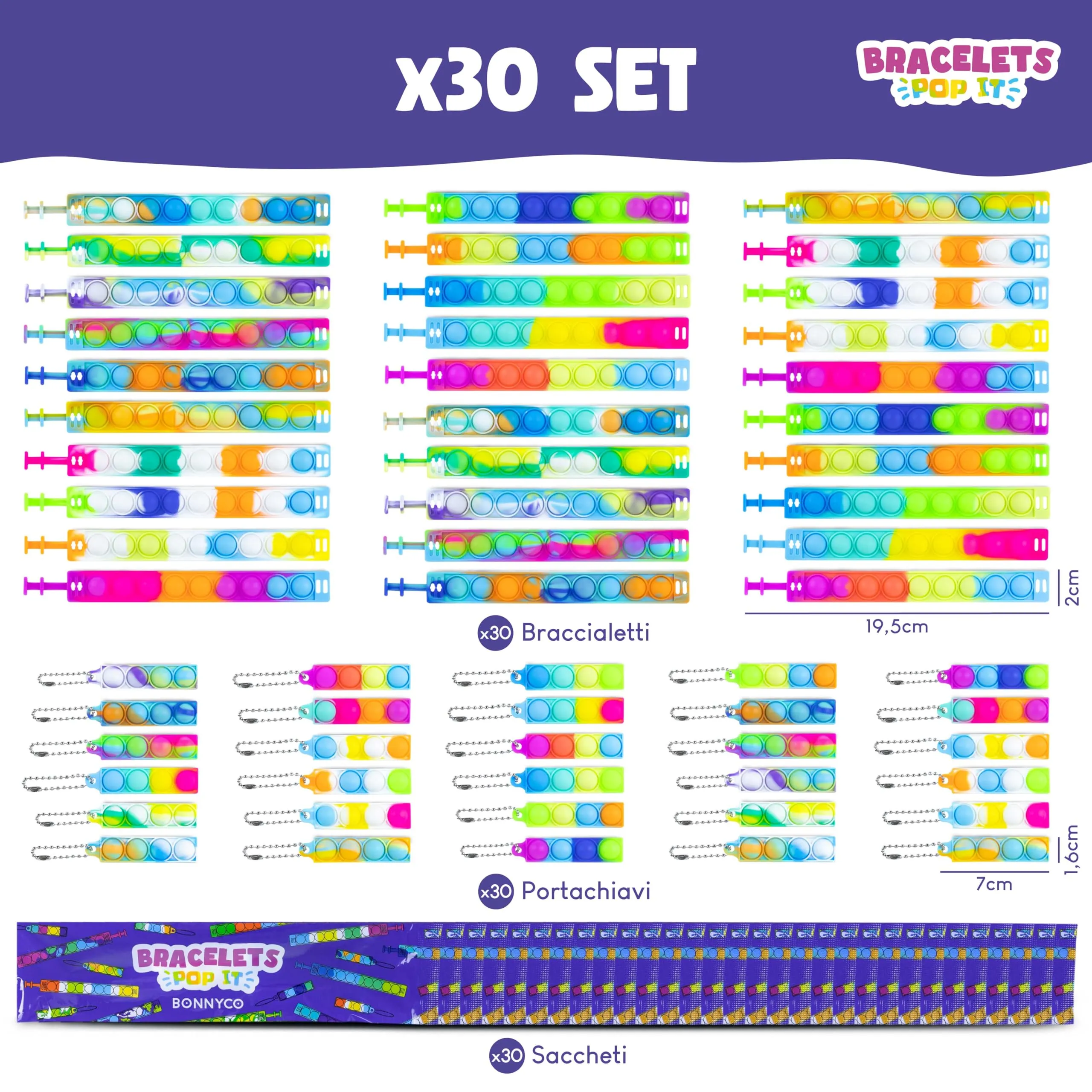 BONNYCO Braccialetti e Portachiavi Pop It, Pack 30 - immagine 2