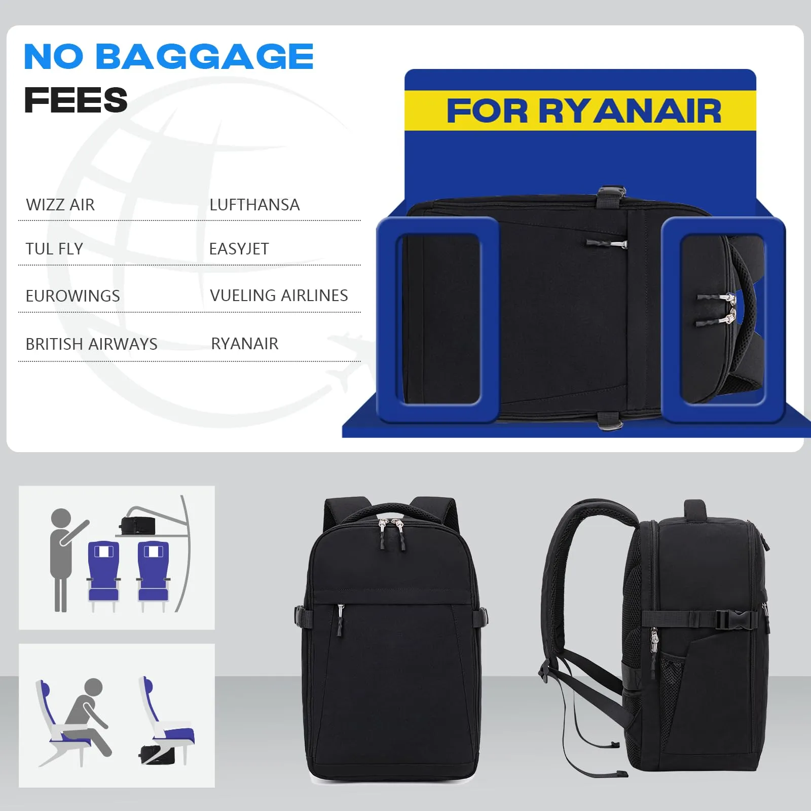 Xkdoai Zaino da Viaggio per Ryanair 40x30x20cm Bagaglio a Mano - immagine 3