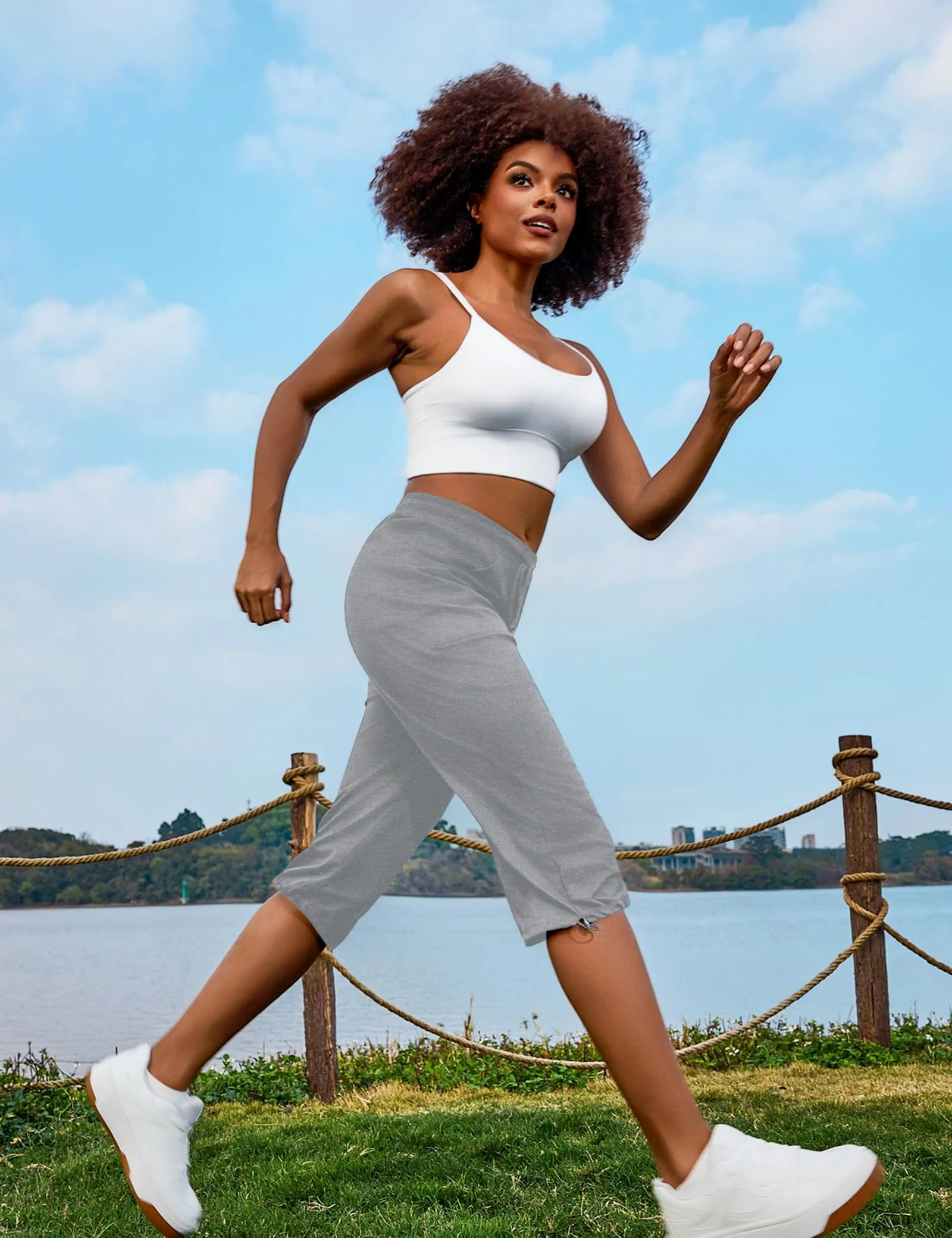 Totatuit Pantaloni Capri Donna Estivi Sportivi 3/4 in Cotone con Tasche, Grigio Chiaro, XXL - immagine 2