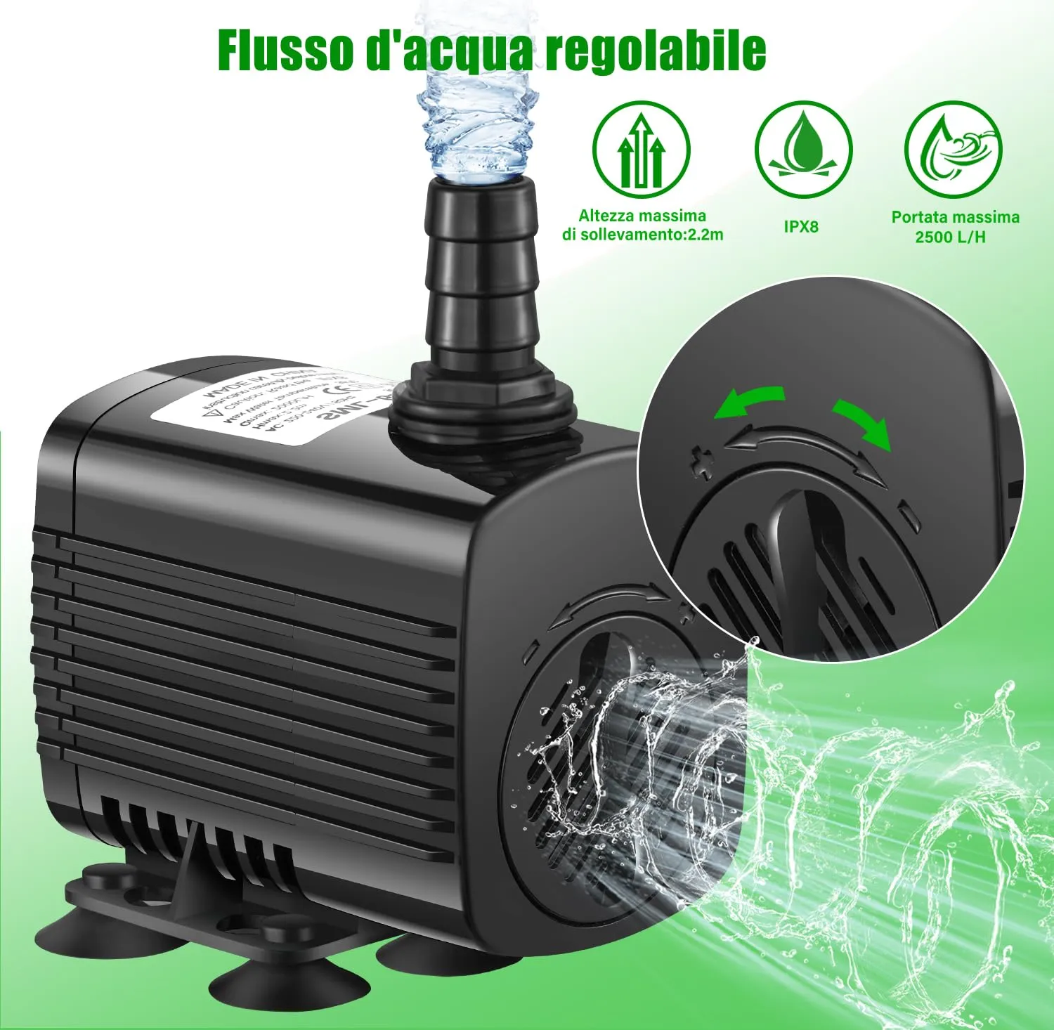 Lnicez Pompa ad Acqua Sommergibile 30W 2500L/H con 5 Ugelli e Cavo da 1,9m per Acquario, Laghetto e Fontane - immagine 2