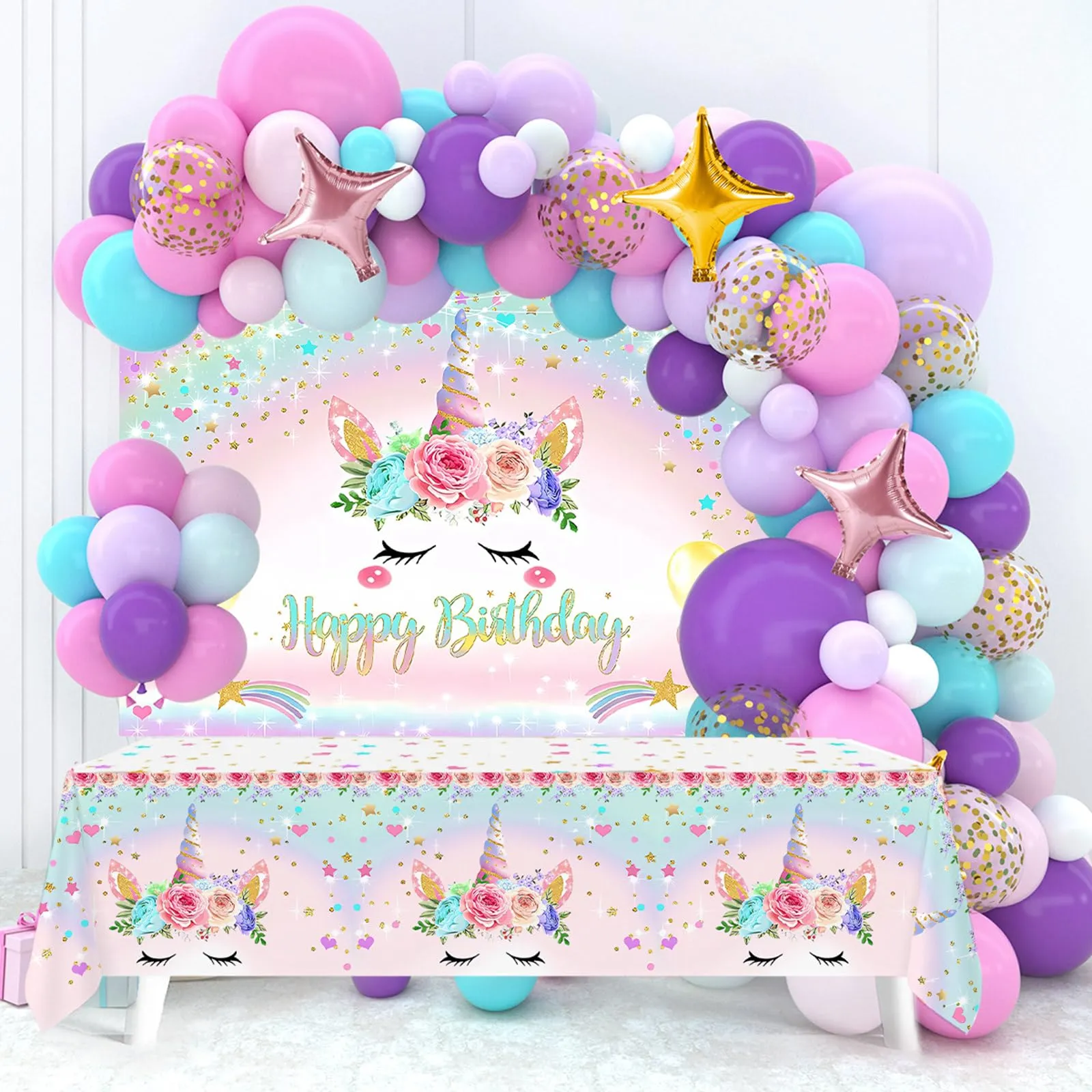 fairymaiden Set Decorazioni Compleanno Tema Unicorno 122 Pezzi con Tovaglia e Sfondo - immagine 1