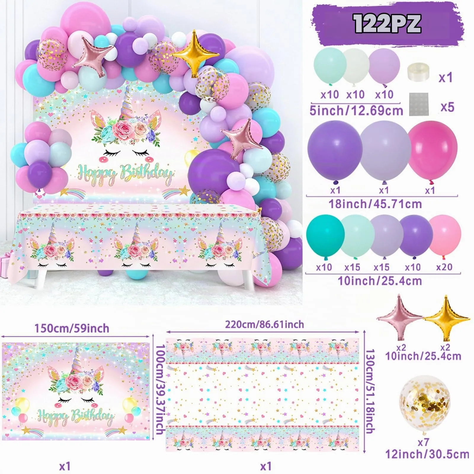 fairymaiden Set Decorazioni Compleanno Tema Unicorno 122 Pezzi con Tovaglia e Sfondo - immagine 2