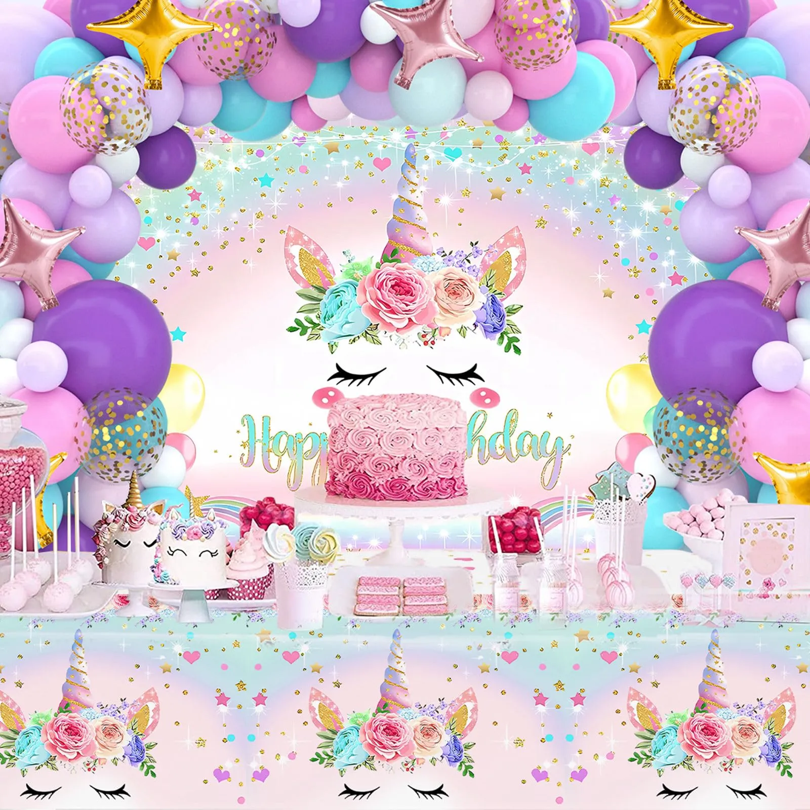 fairymaiden Set Decorazioni Compleanno Tema Unicorno 122 Pezzi con Tovaglia e Sfondo - immagine 3