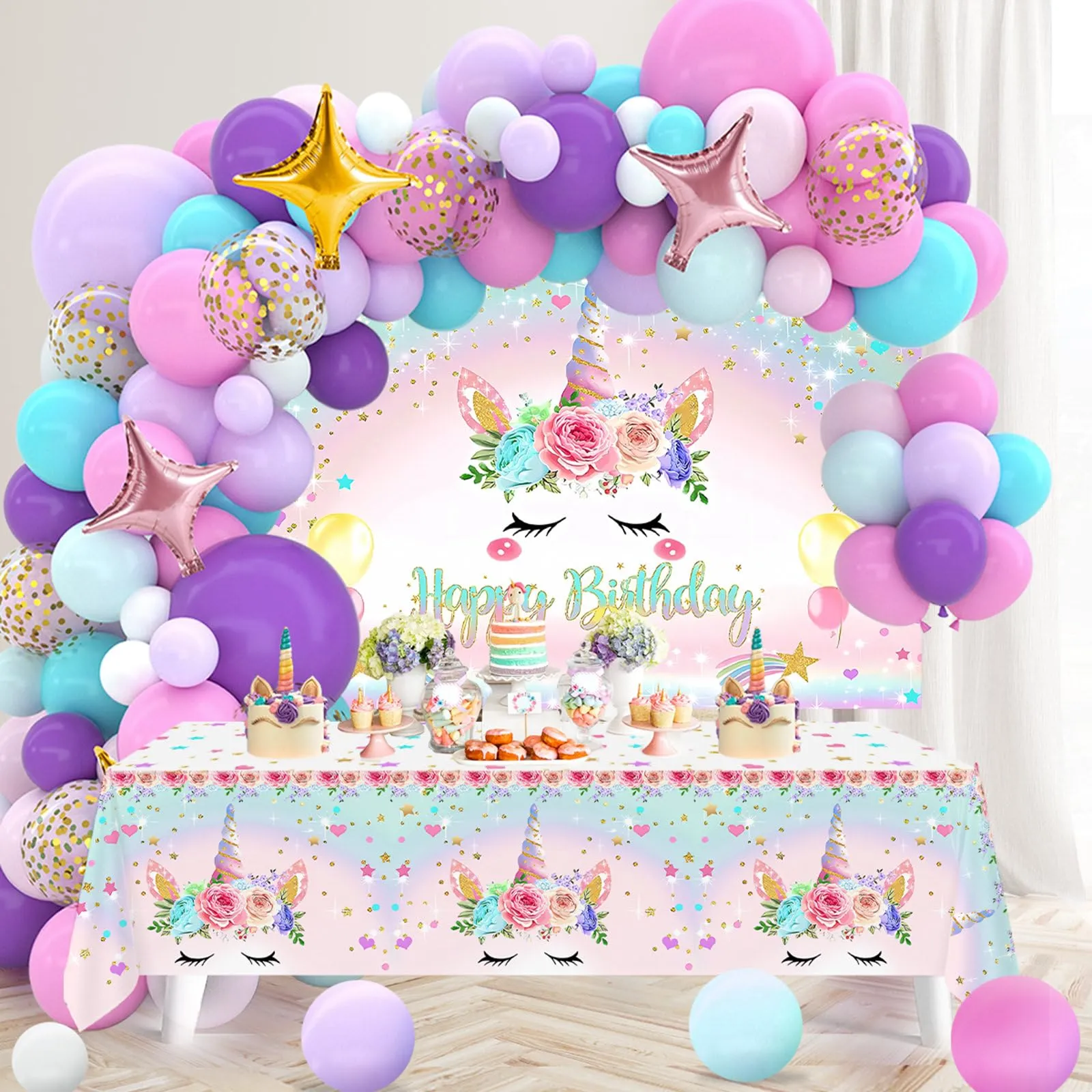 fairymaiden Set Decorazioni Compleanno Tema Unicorno 122 Pezzi con Tovaglia e Sfondo - immagine 4