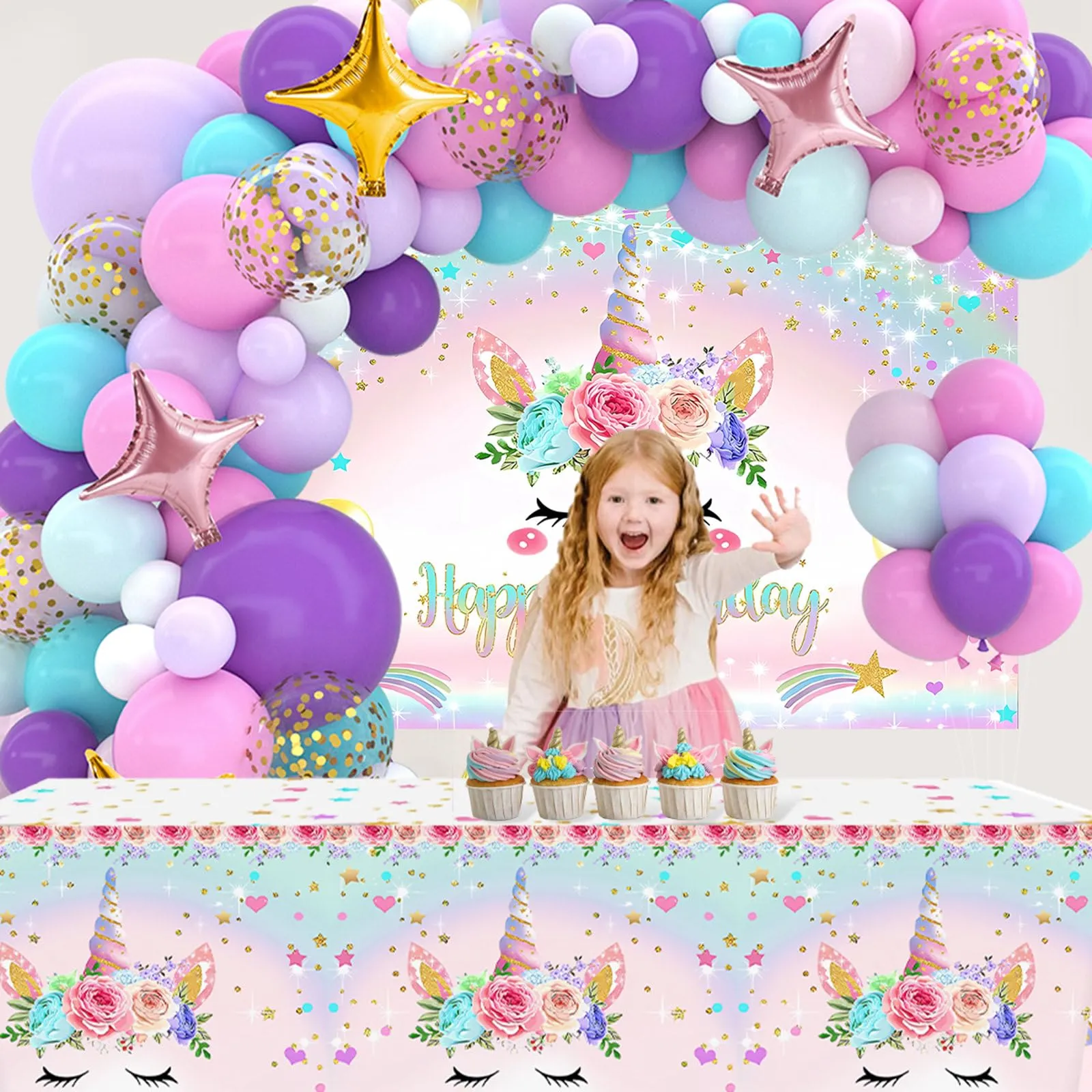 fairymaiden Set Decorazioni Compleanno Tema Unicorno 122 Pezzi con Tovaglia e Sfondo - immagine 5