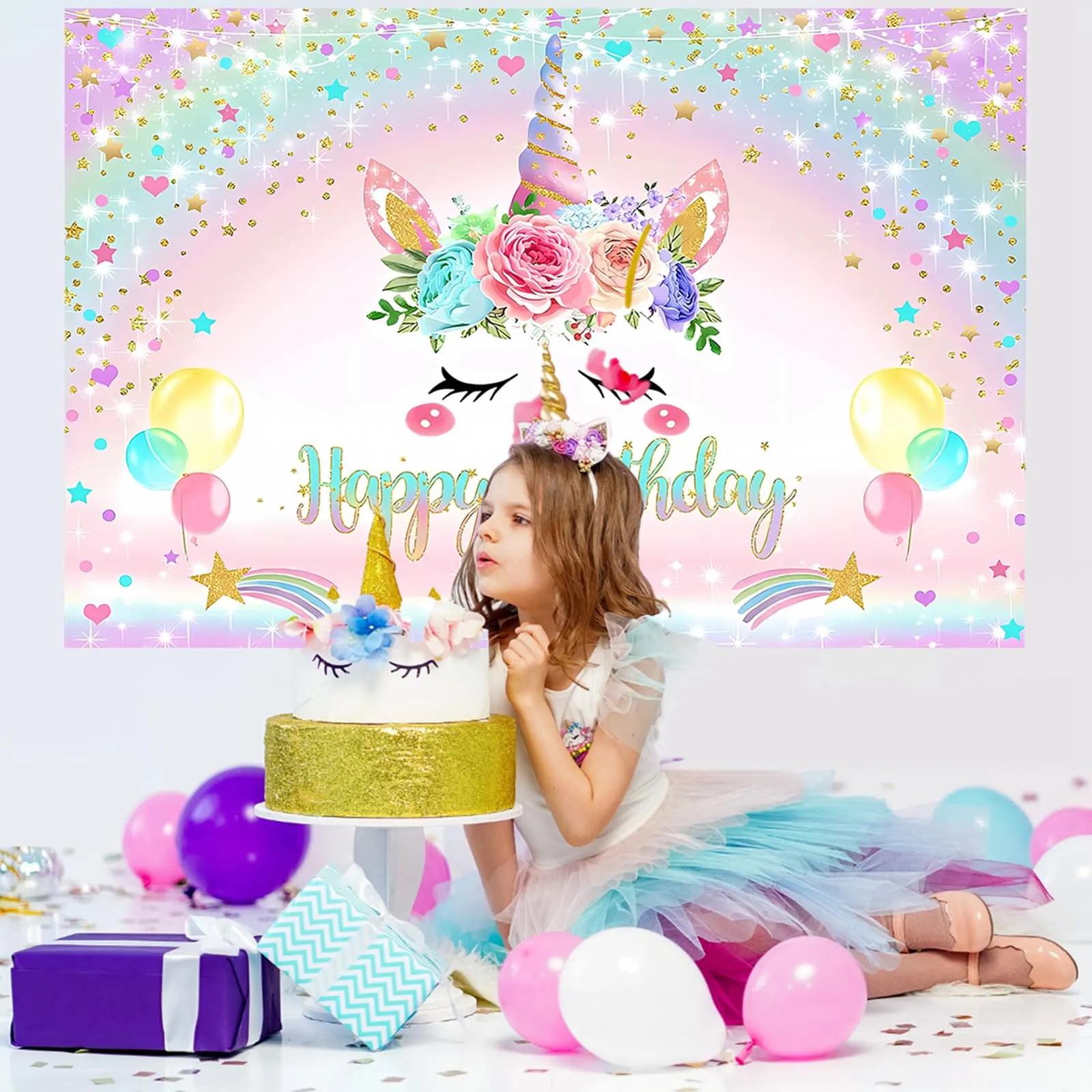 fairymaiden Set Decorazioni Compleanno Tema Unicorno 122 Pezzi con Tovaglia e Sfondo - immagine 7