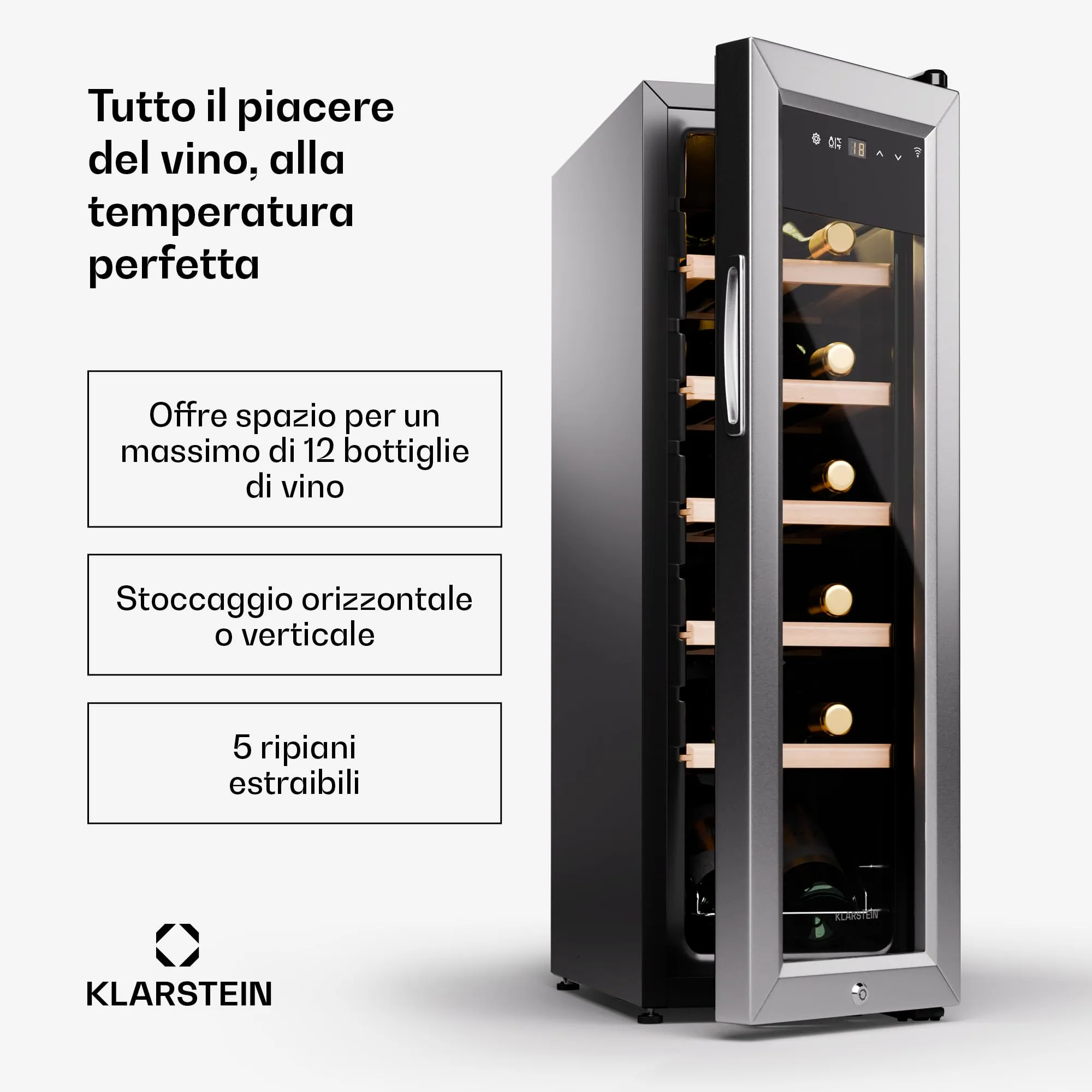 Klarstein Cantinetta Vino a Zona Singola, Porta in Vetro, Touch Control, 5-18°C, 12 Bottiglie - immagine 2
