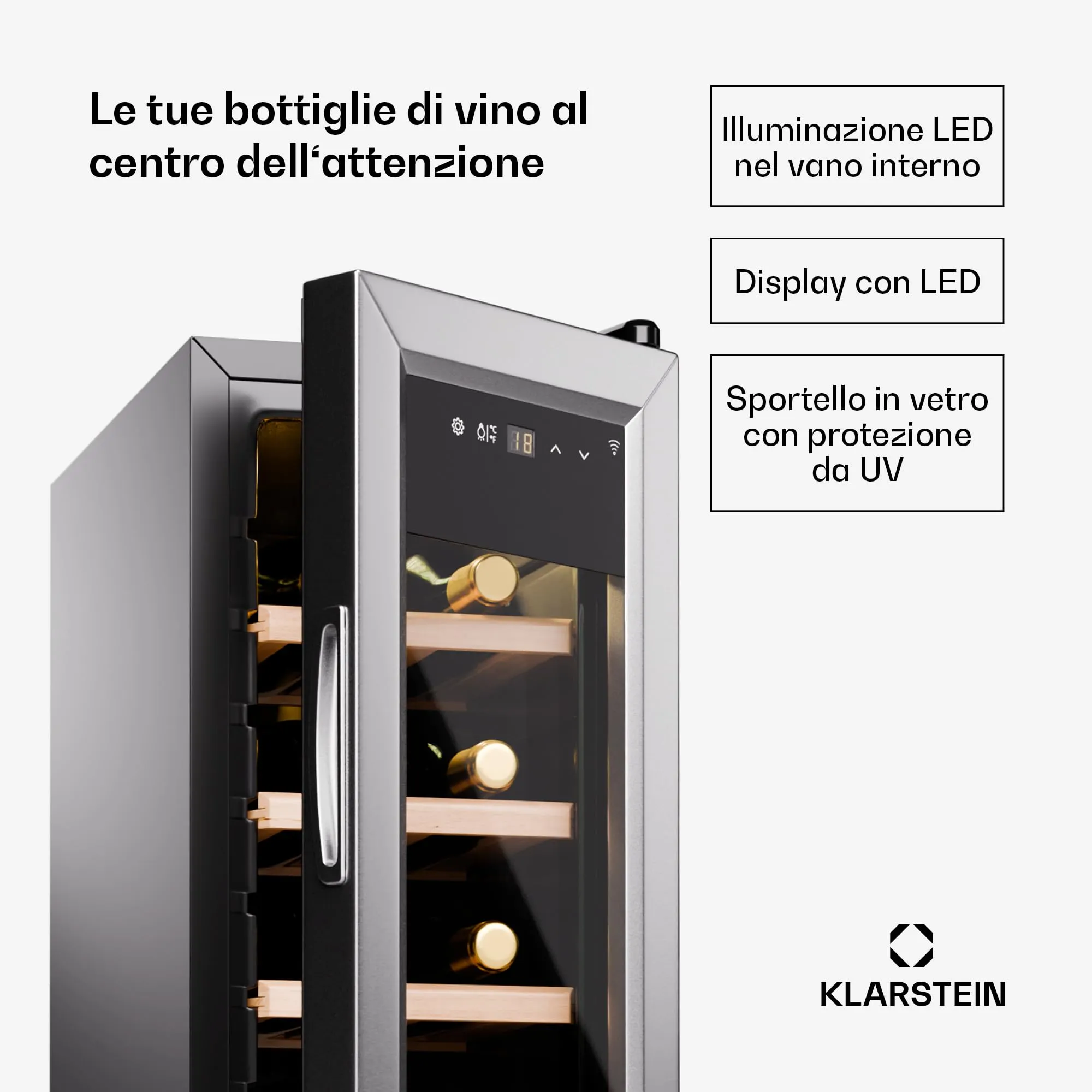 Klarstein Cantinetta Vino a Zona Singola, Porta in Vetro, Touch Control, 5-18°C, 12 Bottiglie - immagine 4