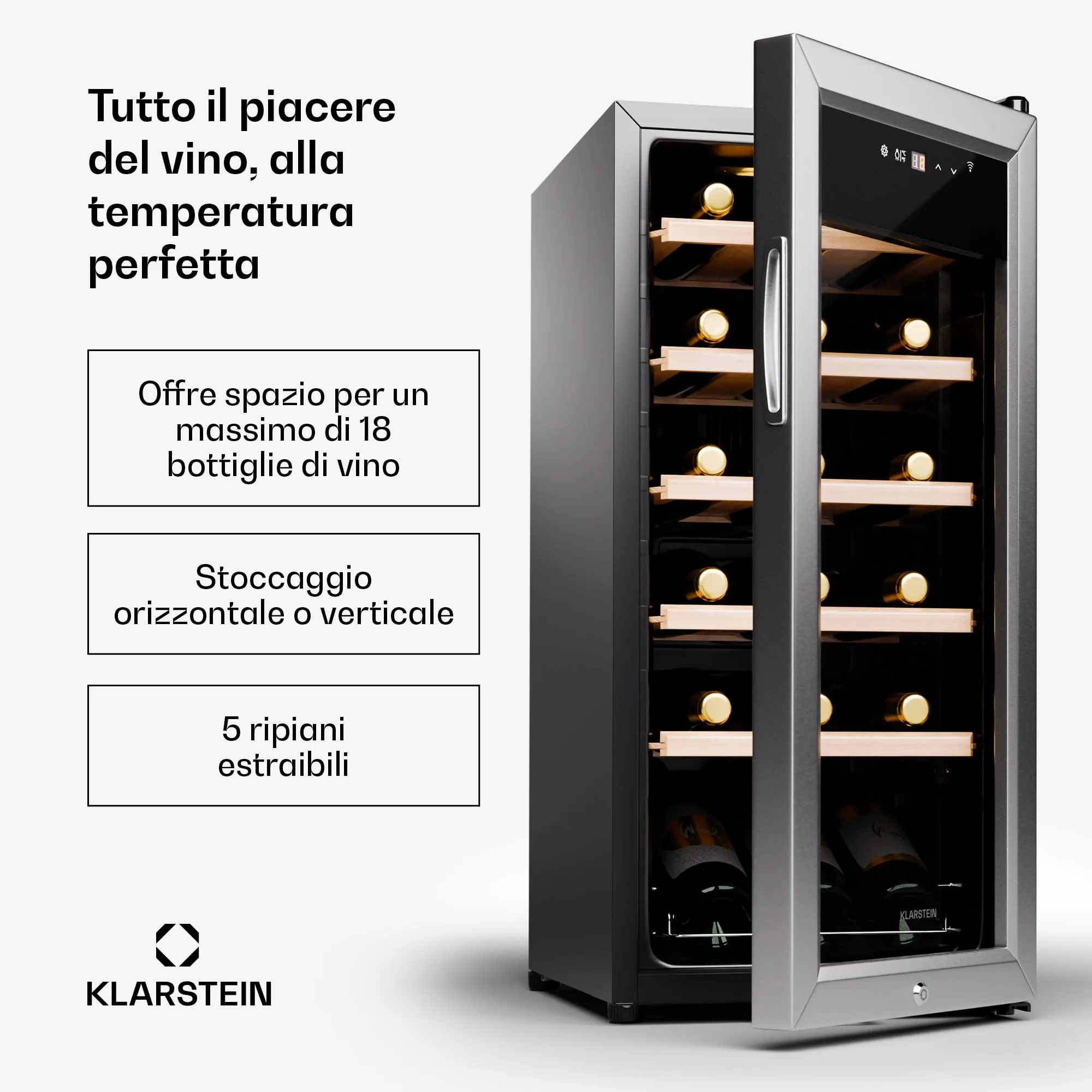 Klarstein Cantinetta Vino a Zona Singola 18 Bottiglie, 5-18°C, Touch Control - immagine 2