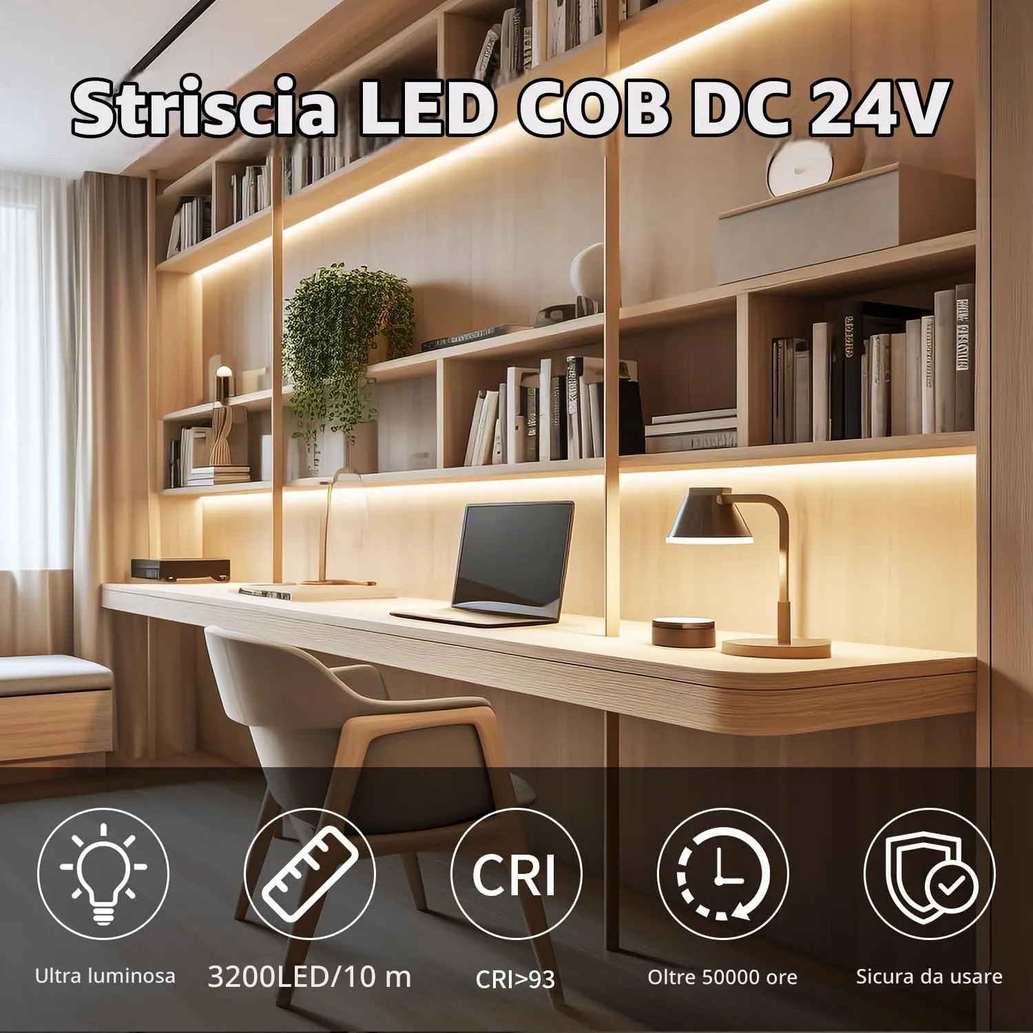 ShineBurky Striscia LED COB 10 Metri, Bianco Caldo, 24V, CRI93+ - immagine 2