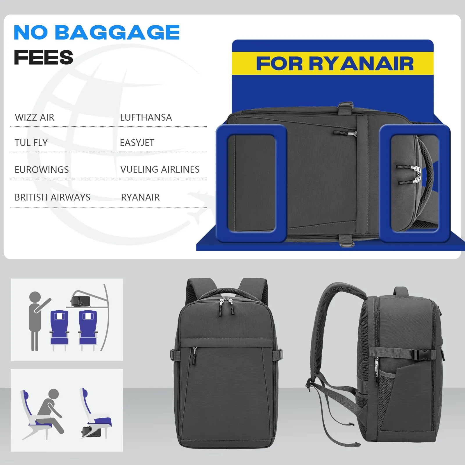 Xkdoai Zaino da Viaggio per Ryanair Bagaglio a Mano 40x30x20cm - immagine 3