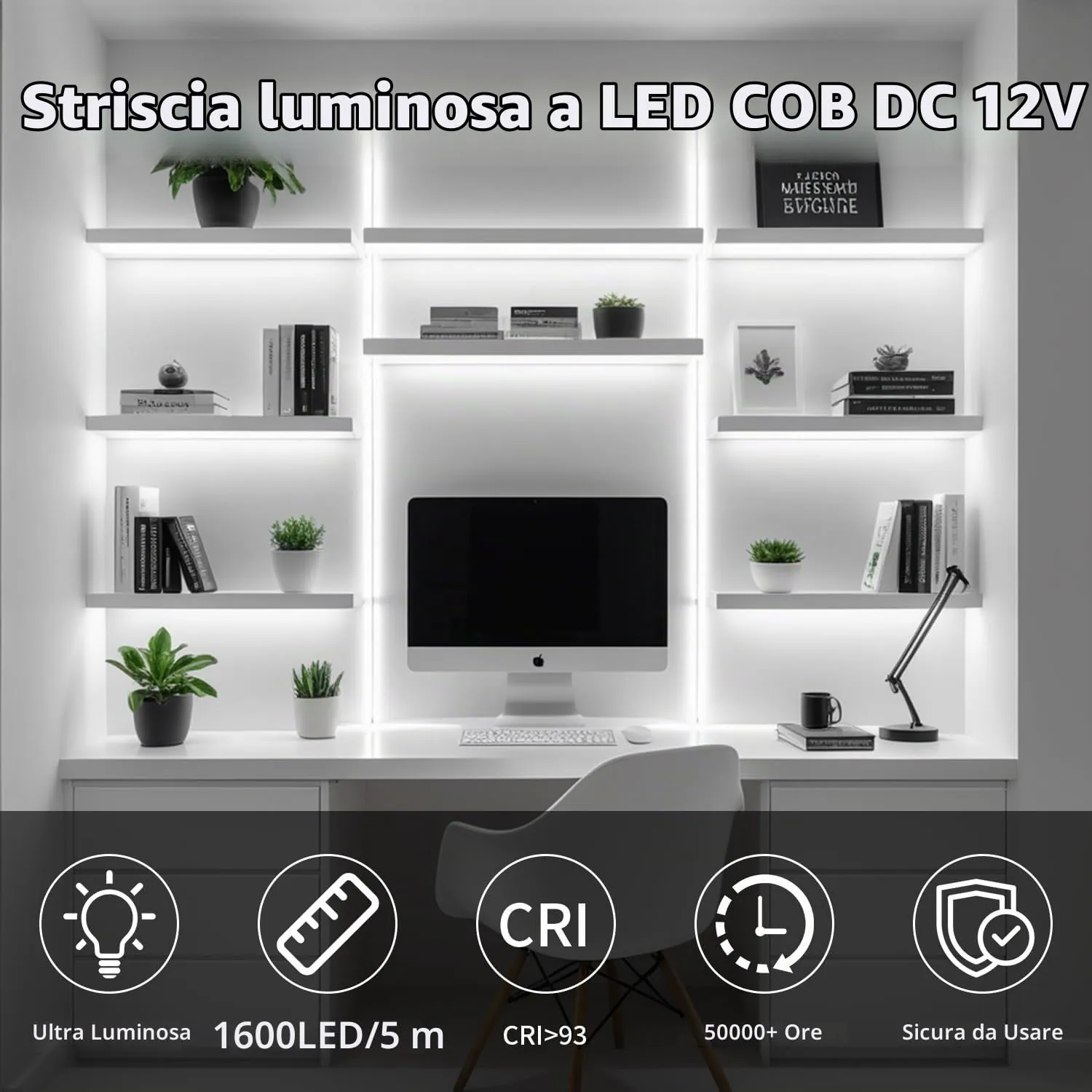 ShineBurky Striscia LED COB 5 Metri Bianco Freddo 12V CRI93+ - immagine 2
