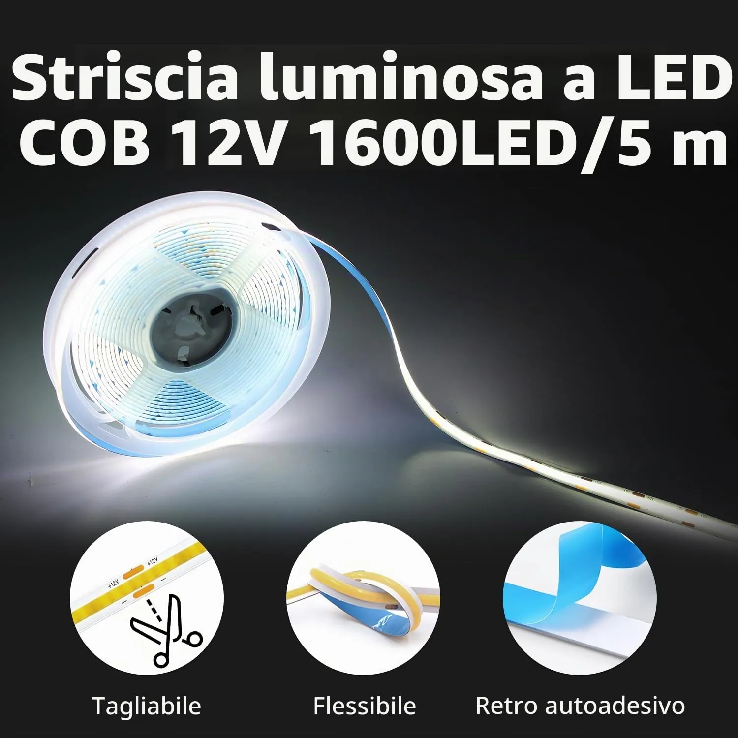 ShineBurky Striscia LED COB 5 Metri Bianco Freddo 12V CRI93+ - immagine 4